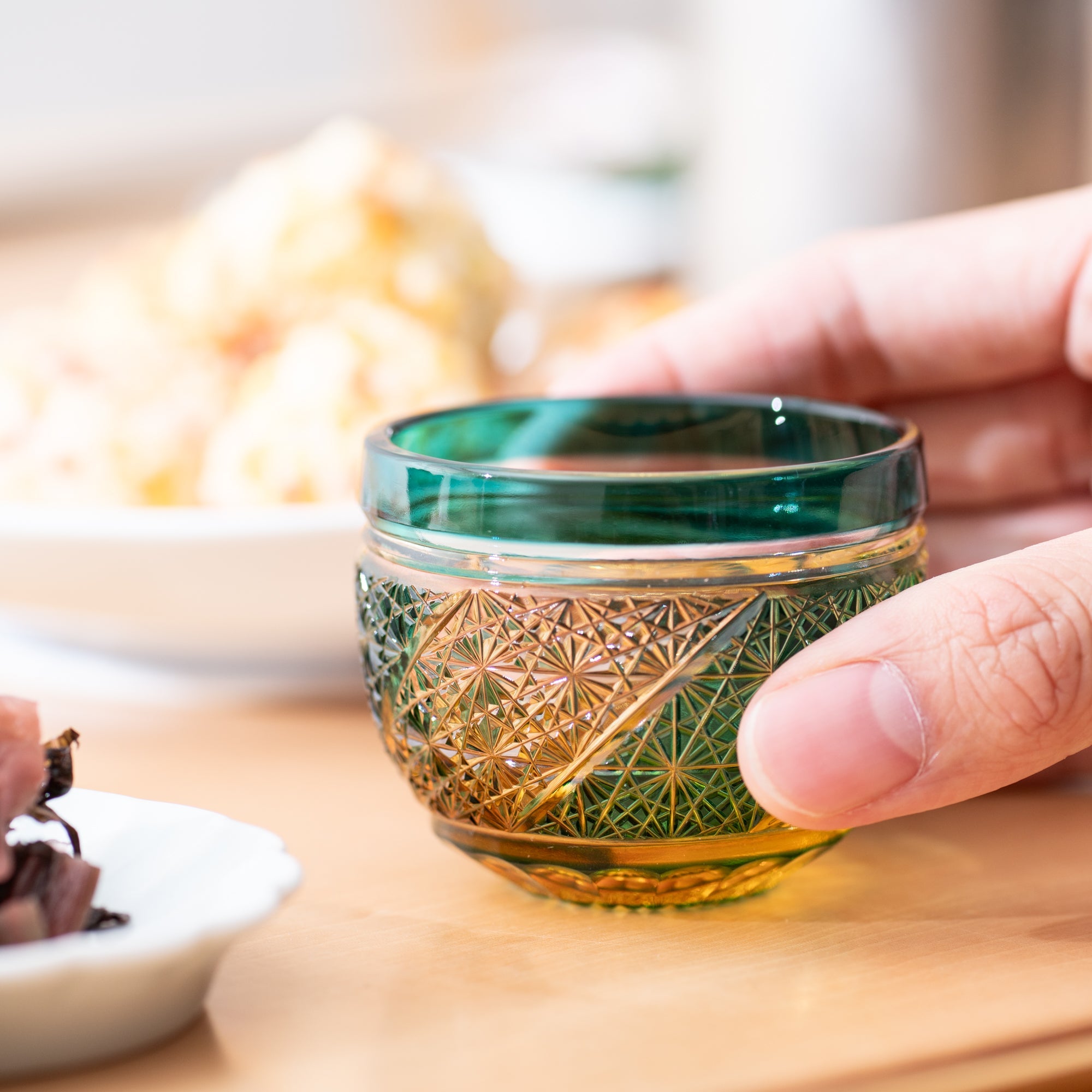 Kiyohide Glass Green Amber Whirlwind Edo Kiriko Guinomi Sake Cup - MUSUBI KILN - Quality Japanese Tableware and Gift