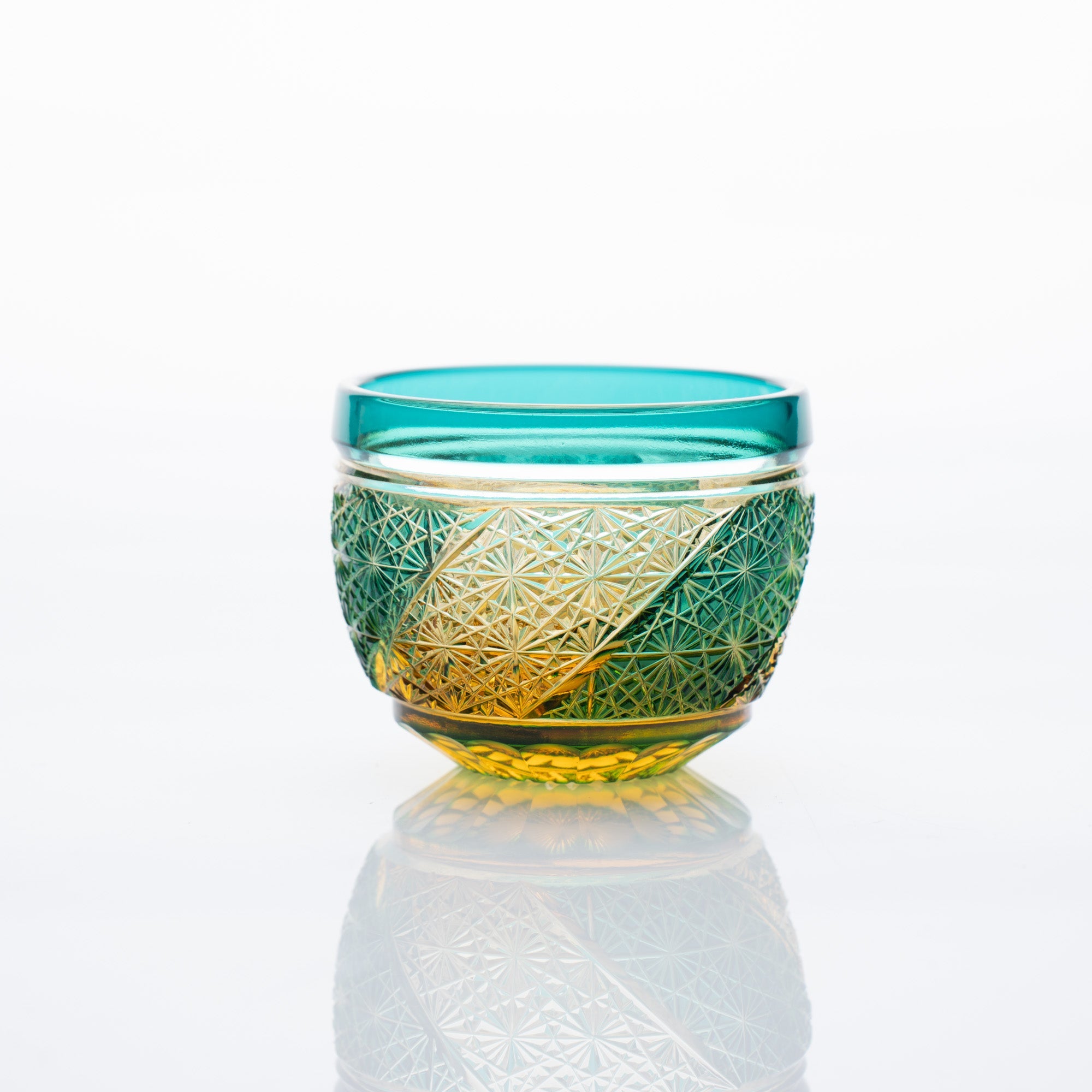 Kiyohide Glass Green Amber Whirlwind Edo Kiriko Guinomi Sake Cup - MUSUBI KILN - Quality Japanese Tableware and Gift