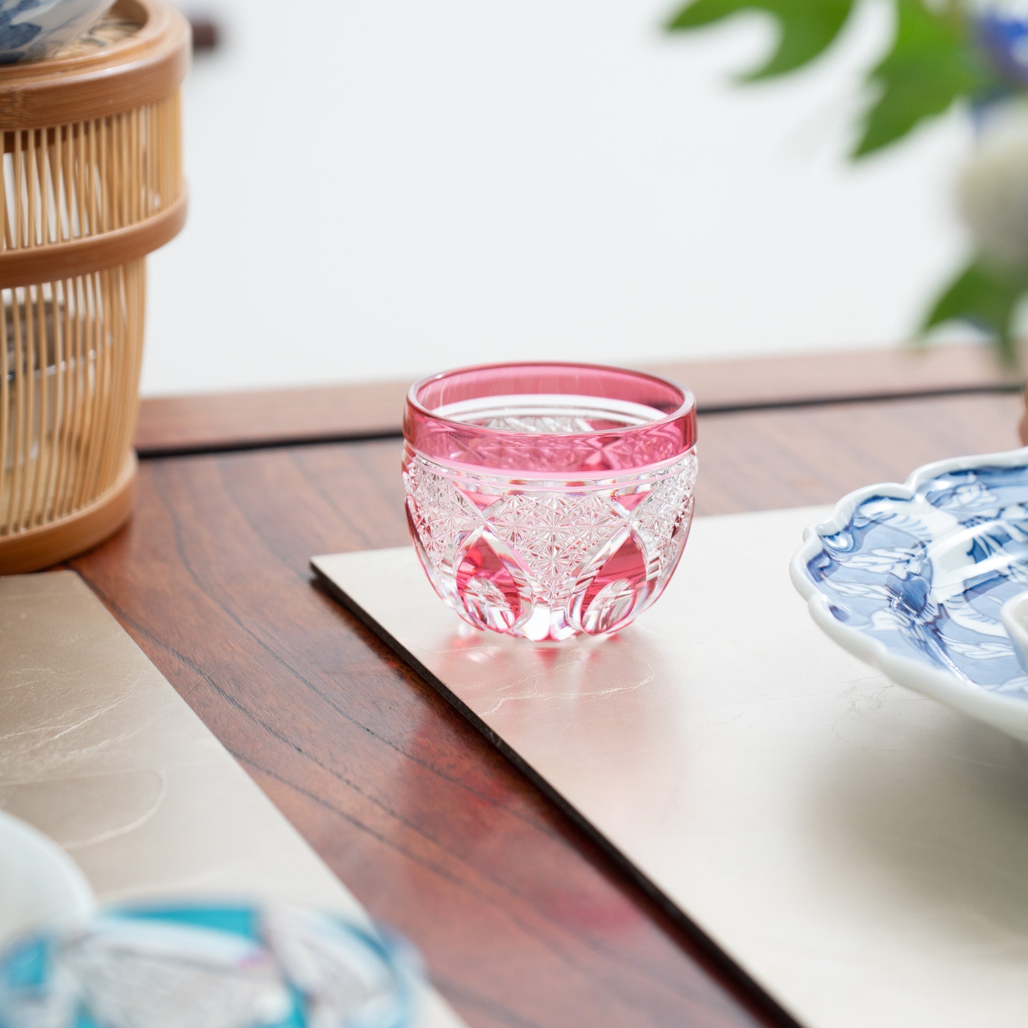 Kiyohide Glass Pink Flower Petals Edo Kiriko Cut Glass Guinomi Sake Cup - MUSUBI KILN - Quality Japanese Tableware and Gift