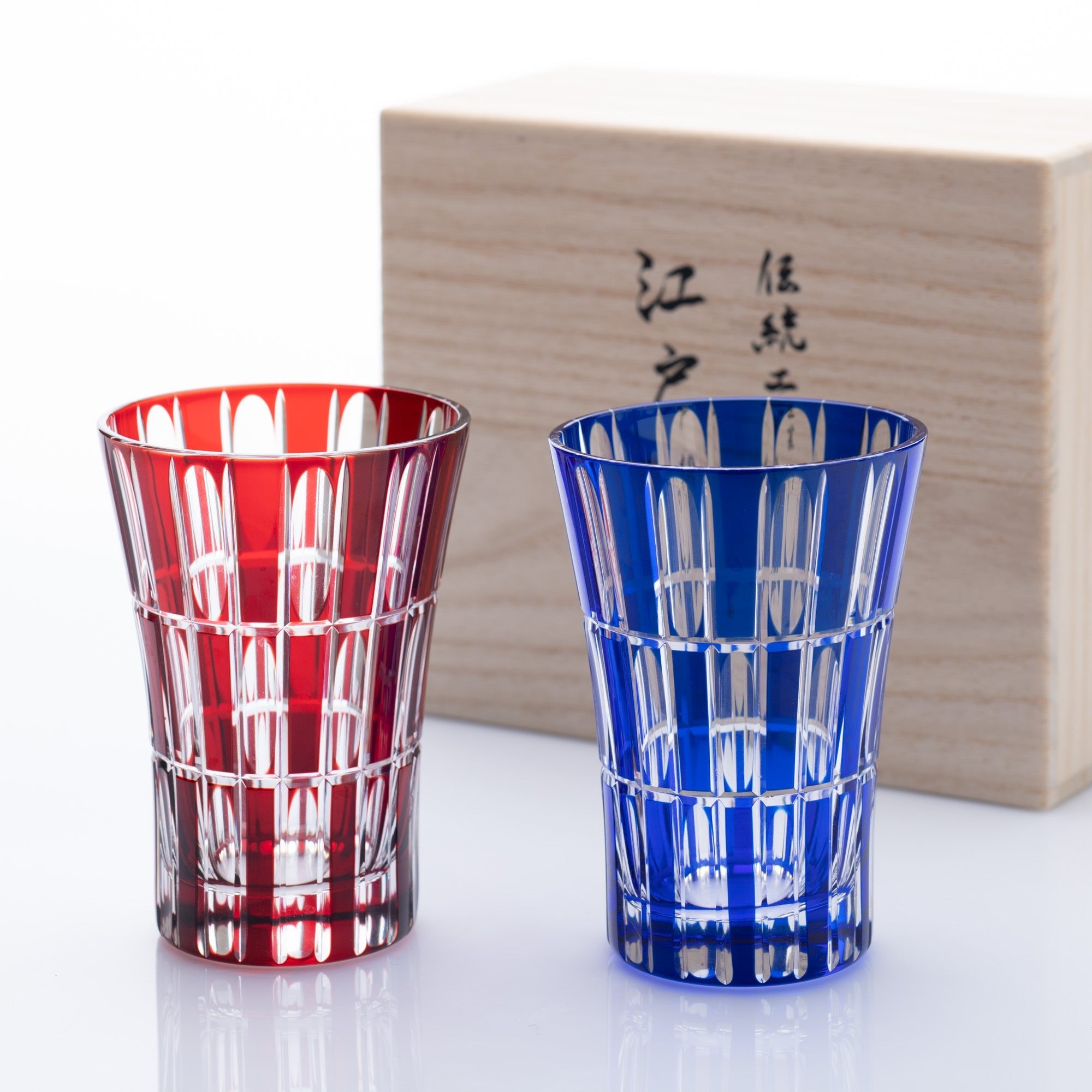 Kiyohide Glass Red and Lapis Lazuli Edo Kiriko Tumbler Set - MUSUBI KILN - Quality Japanese Tableware and Gift