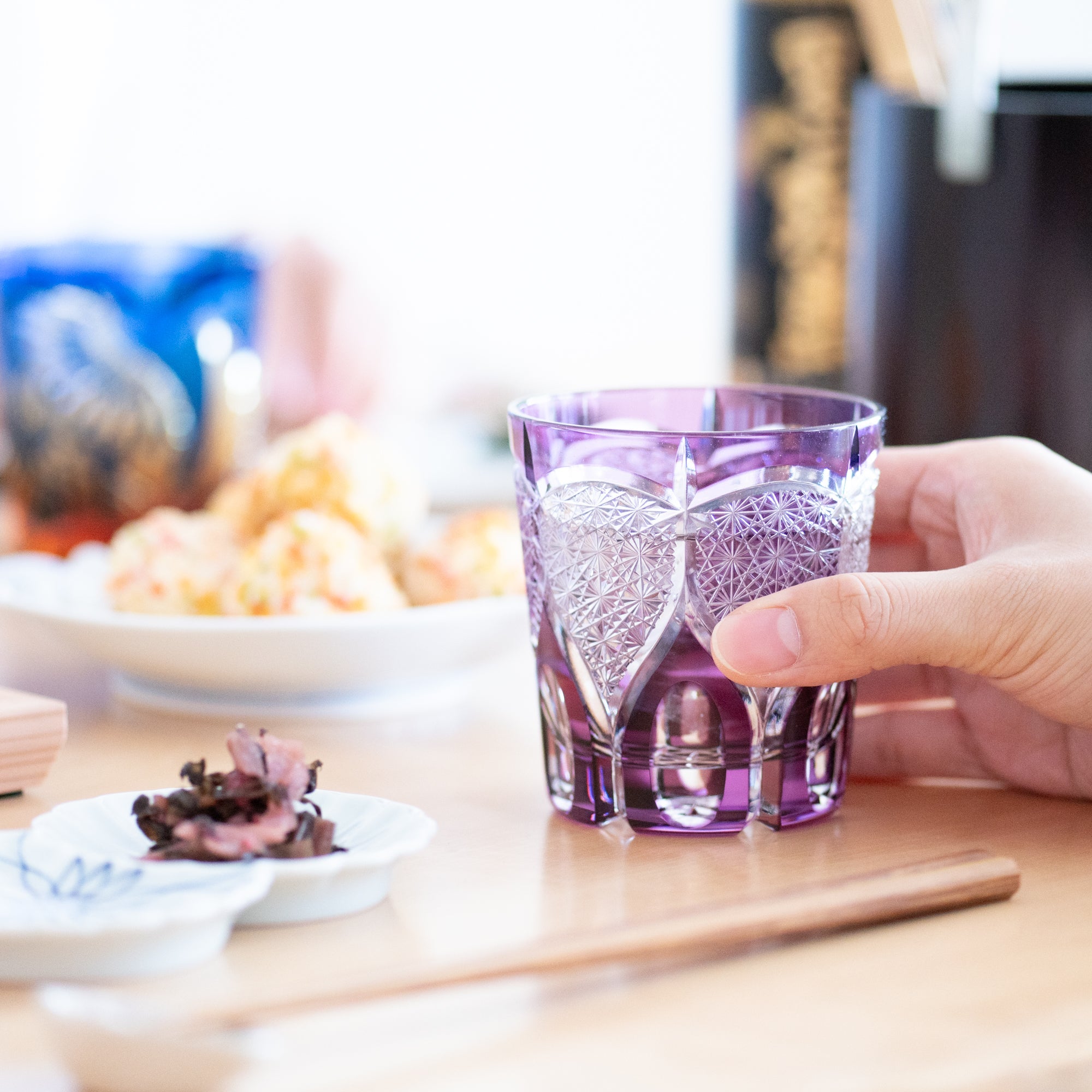 Kiyohide Glass Regal Violet Chrysanthemum Fan Edo Kiriko Rocks Glass - MUSUBI KILN - Quality Japanese Tableware and Gift