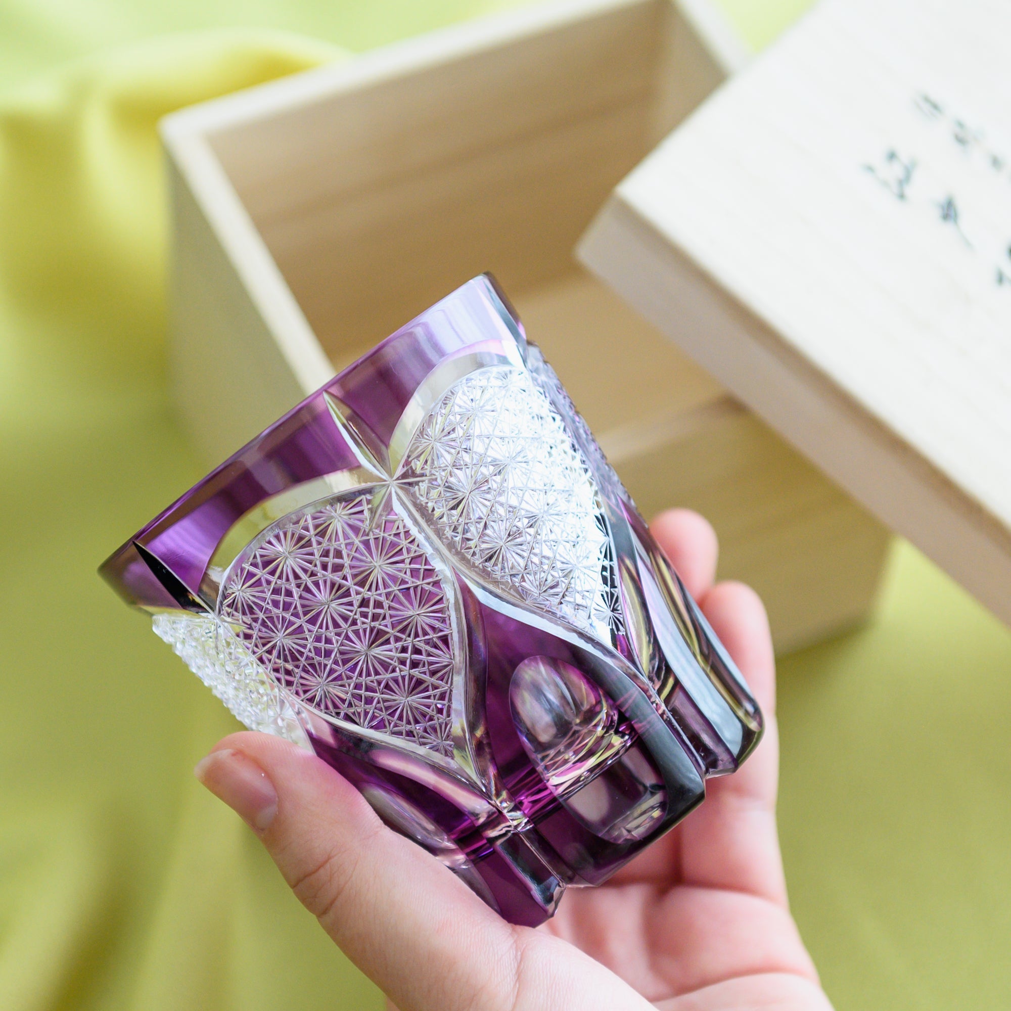 Kiyohide Glass Regal Violet Chrysanthemum Fan Edo Kiriko Rocks Glass - MUSUBI KILN - Quality Japanese Tableware and Gift