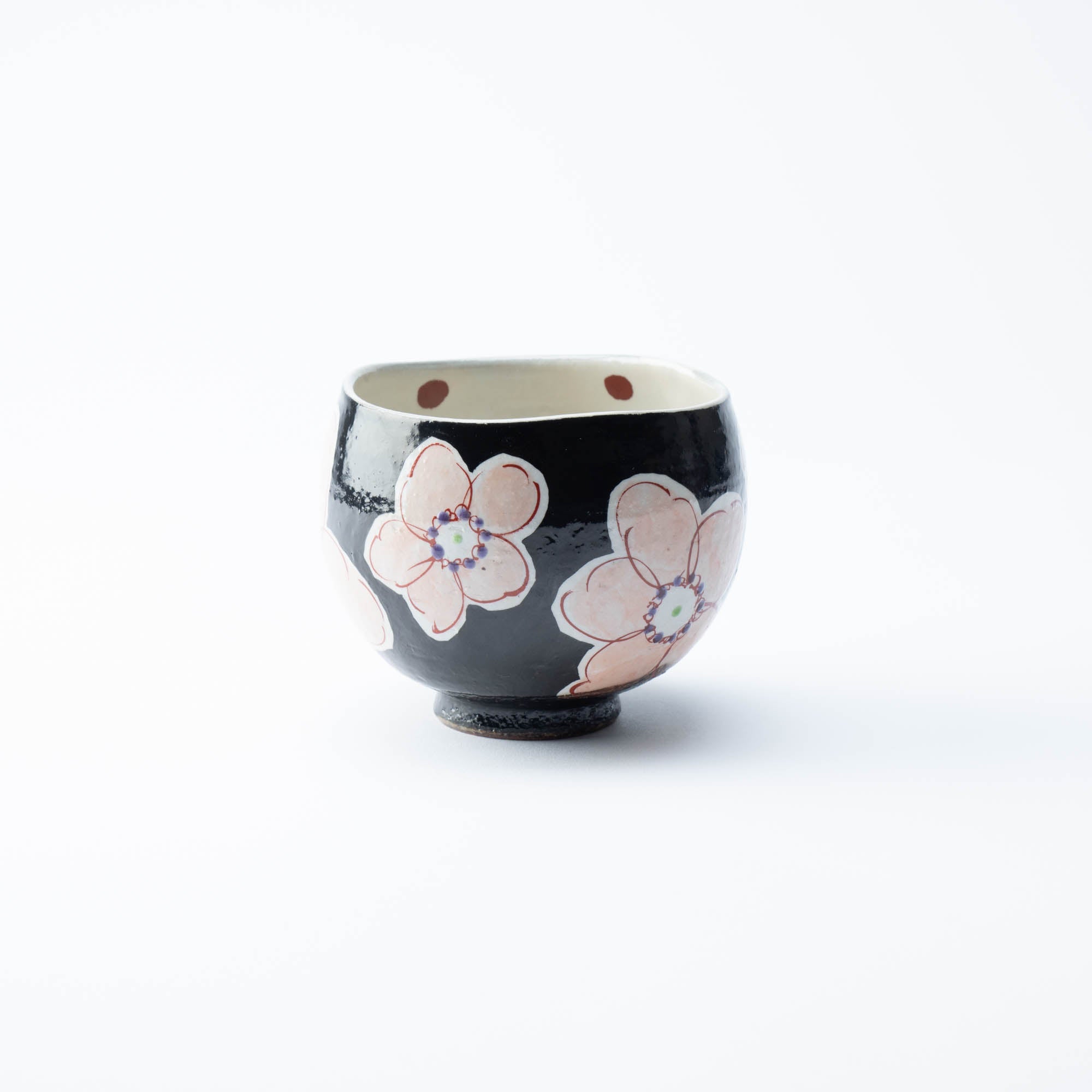 Kokuzou Kiln Black Flower Kutani Yunomi Japanese Teacup - MUSUBI KILN - Quality Japanese Tableware and Gift