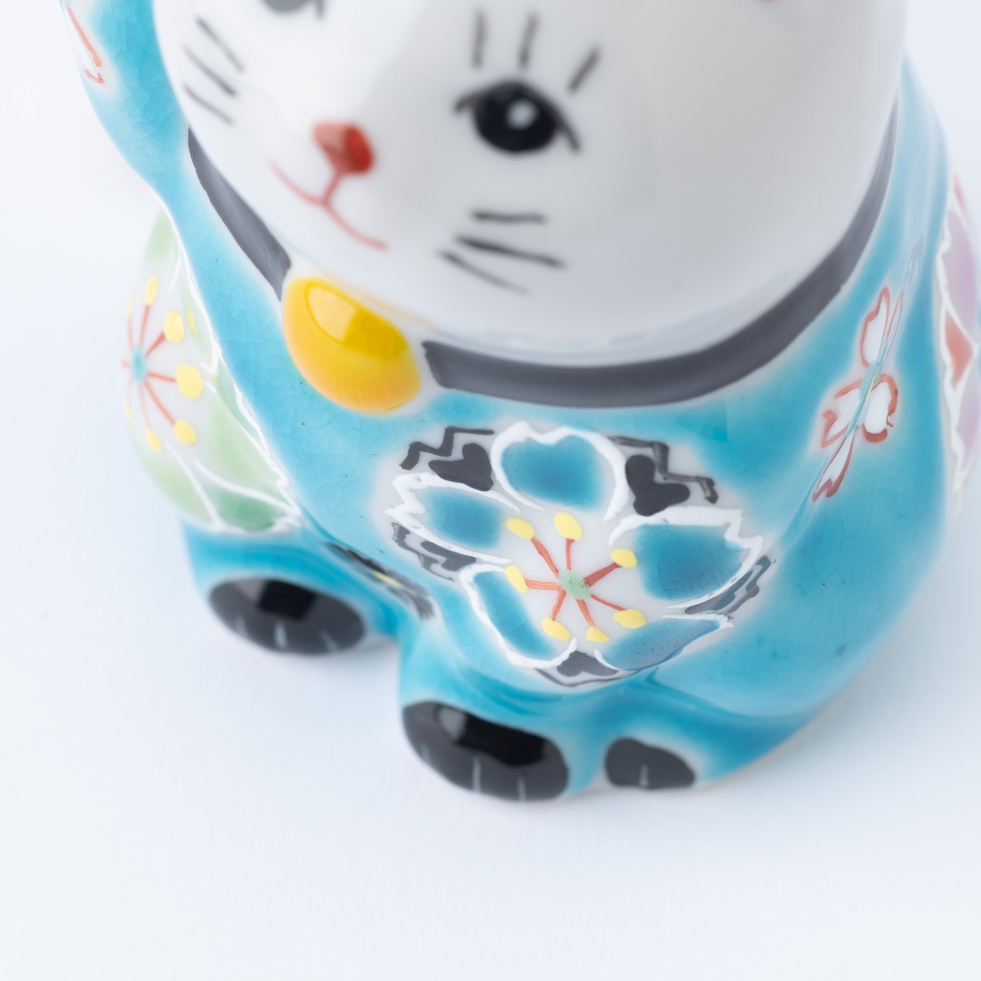 Kokuzou Kiln Cherry Blossoms Kutani Lucky Cat - Blue - MUSUBI KILN - Quality Japanese Tableware and Gift