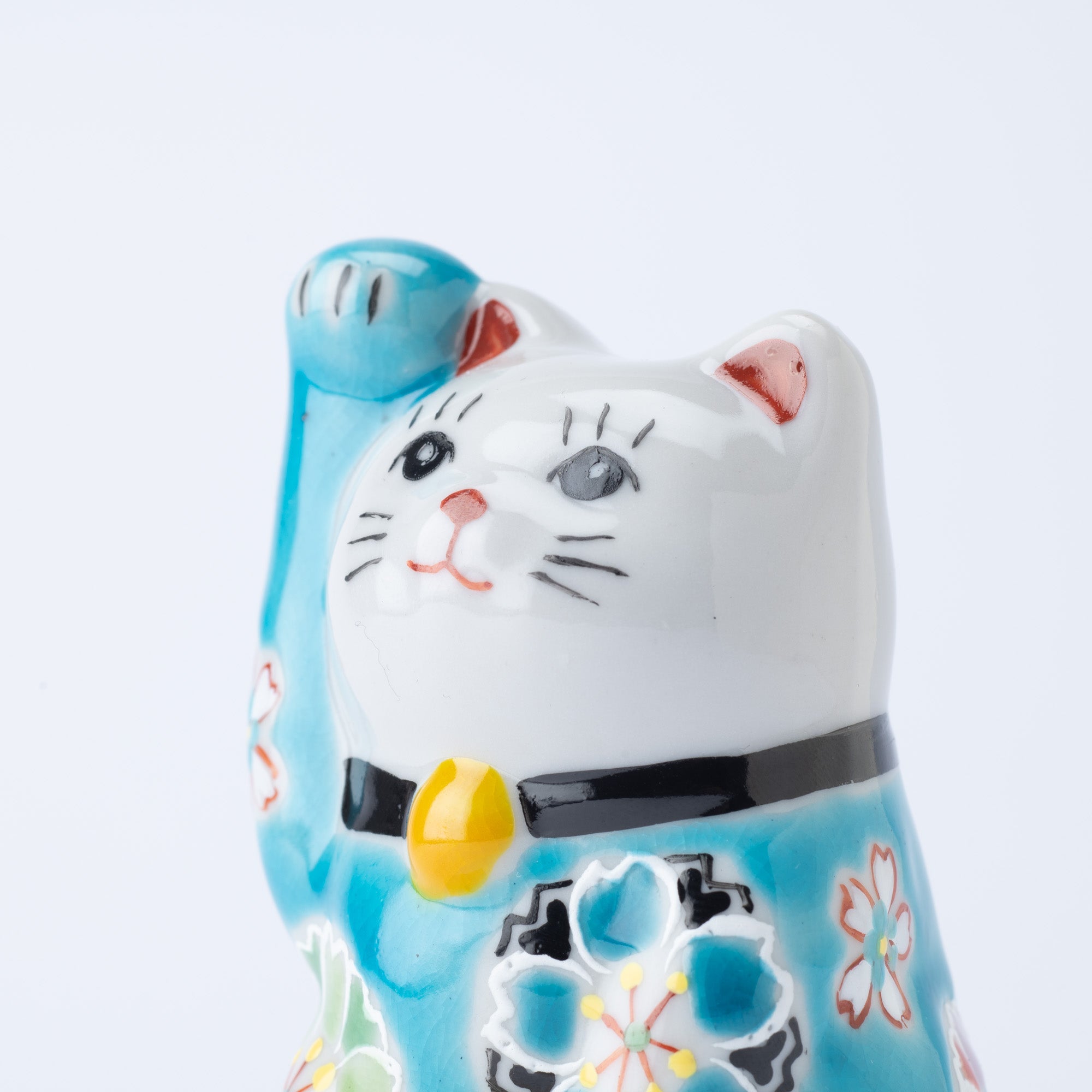 Kokuzou Kiln Cherry Blossoms Kutani Lucky Cat - Blue - MUSUBI KILN - Quality Japanese Tableware and Gift