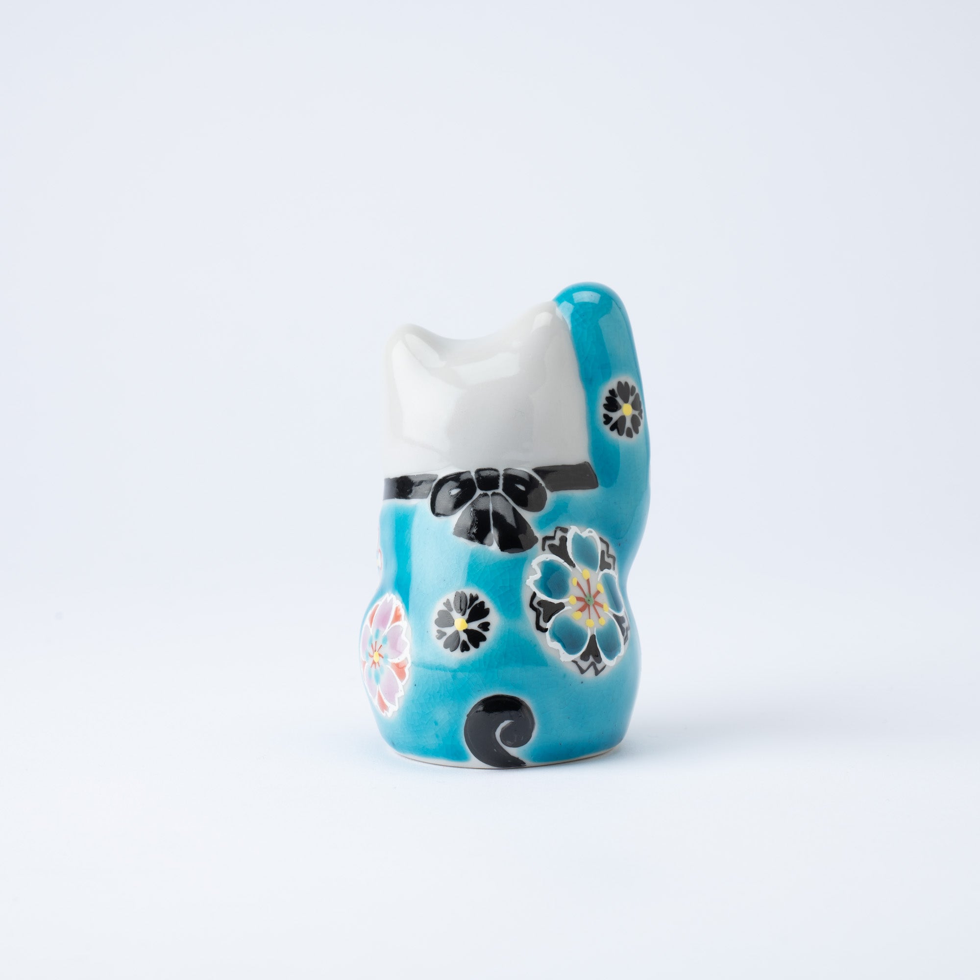 Kokuzou Kiln Cherry Blossoms Kutani Lucky Cat - Blue - MUSUBI KILN - Quality Japanese Tableware and Gift