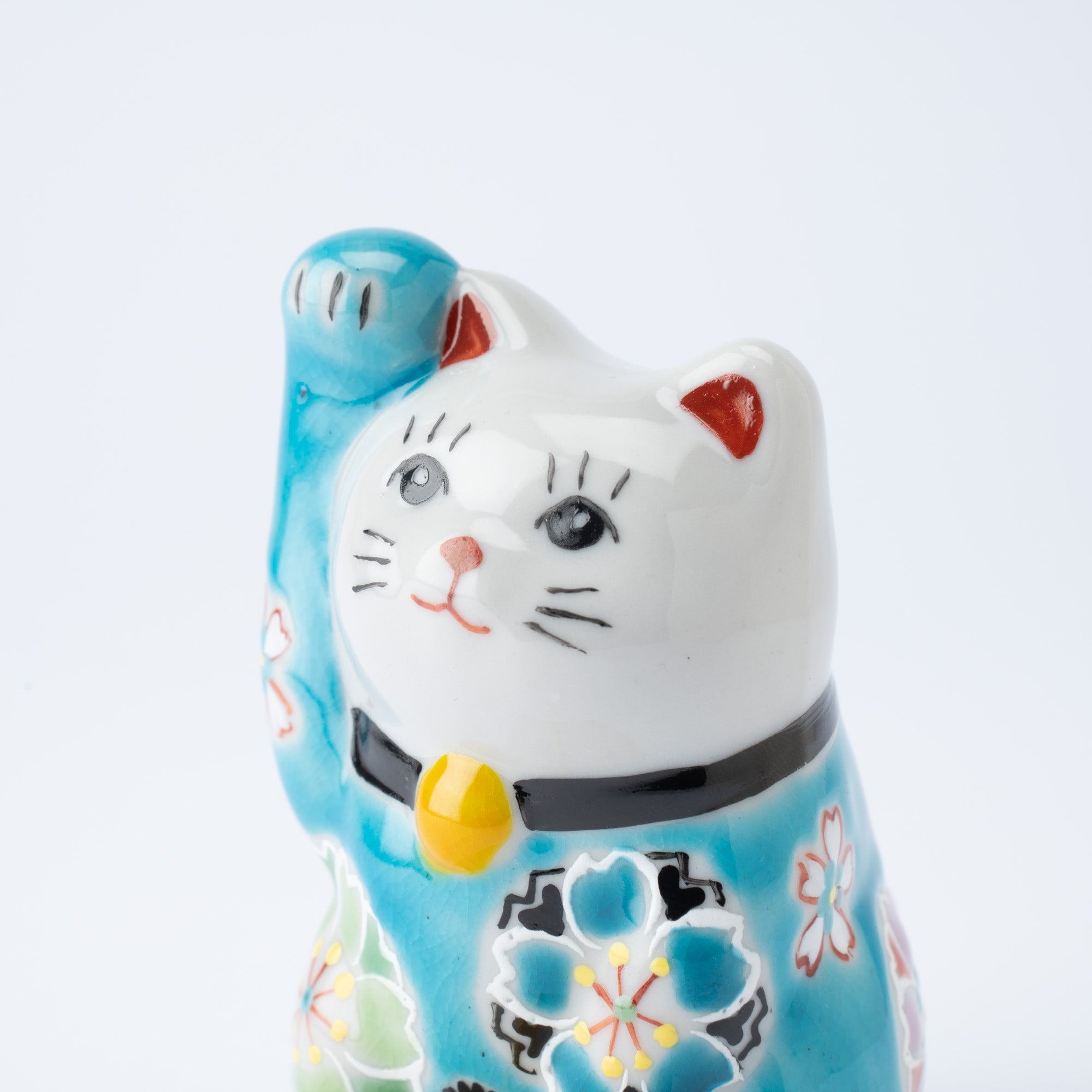 Kokuzou Kiln Cherry Blossoms Kutani Lucky Cat - Blue - MUSUBI KILN - Quality Japanese Tableware and Gift