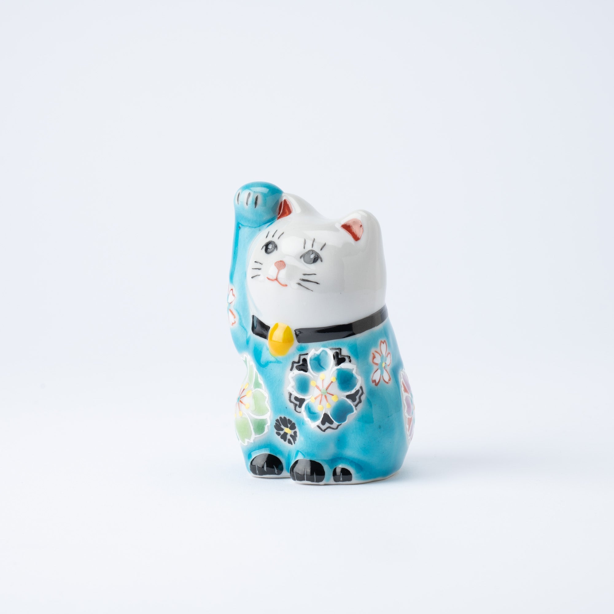 Kokuzou Kiln Cherry Blossoms Kutani Lucky Cat - Blue - MUSUBI KILN - Quality Japanese Tableware and Gift