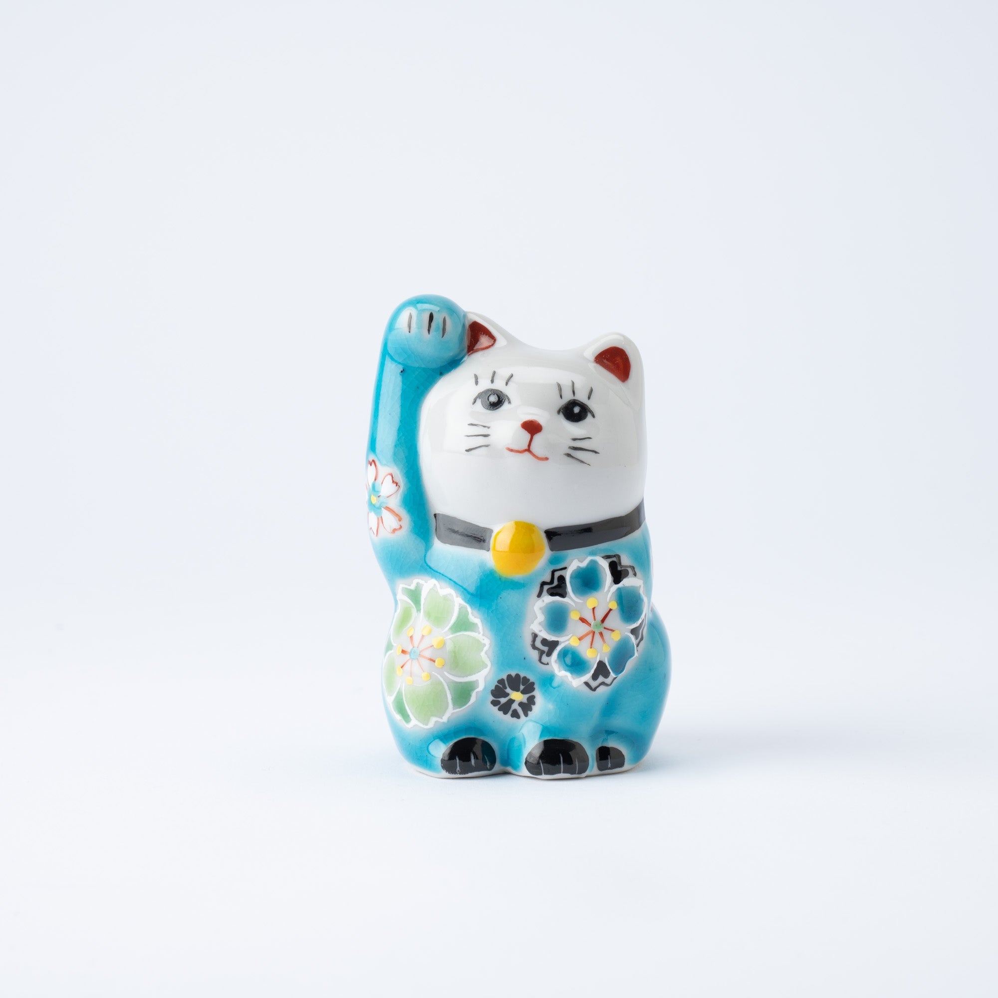 Kokuzou Kiln Cherry Blossoms Kutani Lucky Cat - Blue - MUSUBI KILN - Quality Japanese Tableware and Gift