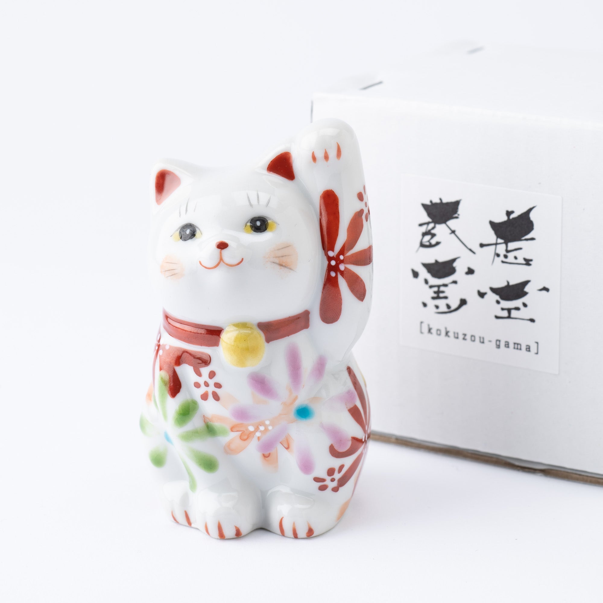 Kokuzou Kiln Flower Party Kutani Lucky Cat - Red - MUSUBI KILN - Quality Japanese Tableware and Gift