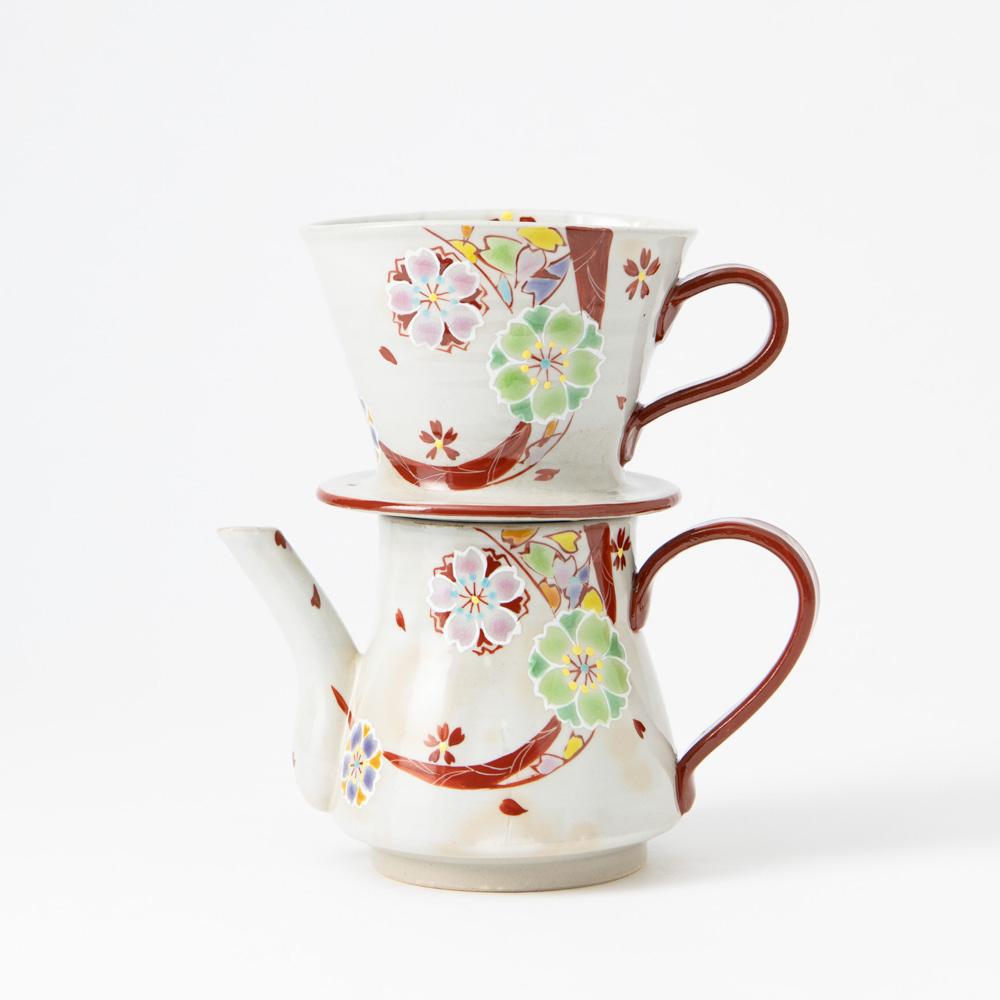 Kokuzou Kiln Flower with Red Pattern Kutani Coffee Pot & Dripper - MUSUBI KILN - Quality Japanese Tableware and Gift