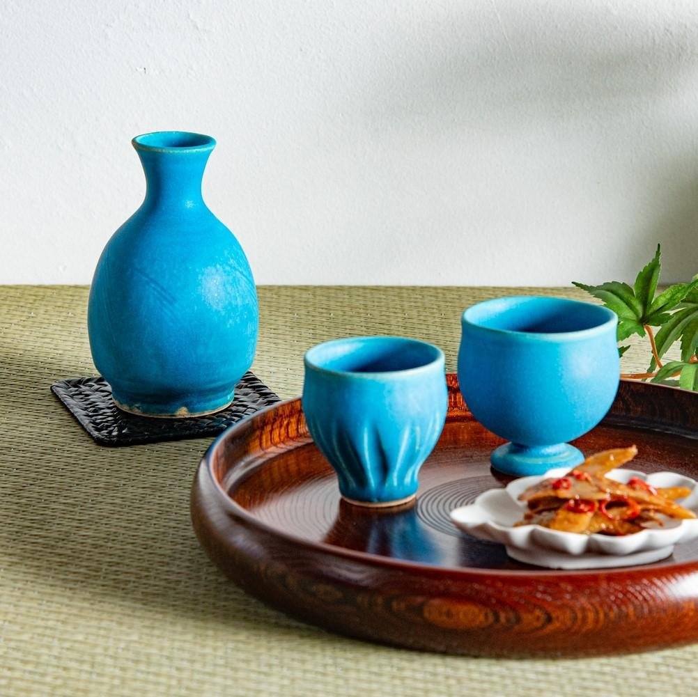 Kokuzou Kiln Turquoise Glaze pattern Guinomi Sake Cup - MUSUBI KILN - Quality Japanese Tableware and Gift