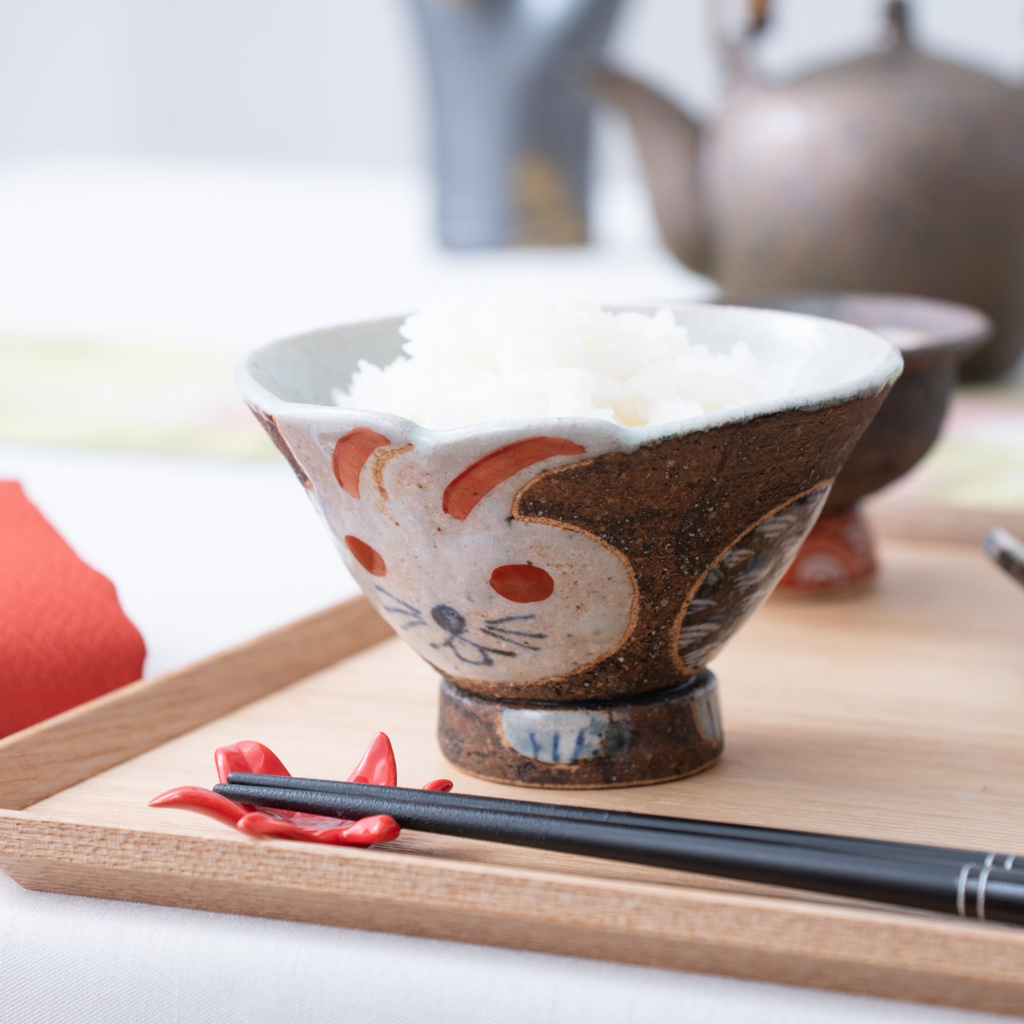 Kousai Kiln Playful Rabbit Hasami Japanese Rice Bowl - MUSUBI KILN - Quality Japanese Tableware and Gift