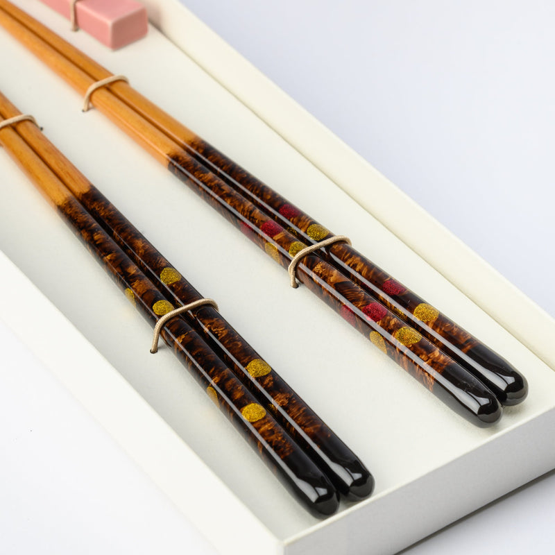 Matsukan Crystal Gold and Pink Moon Wakasa Lacquerware Chopsticks Set 22.5 cm (8.9 in) with Chopstick Rests (Set of Two) - MUSUBI KILN - Quality Japanese Tableware and Gift