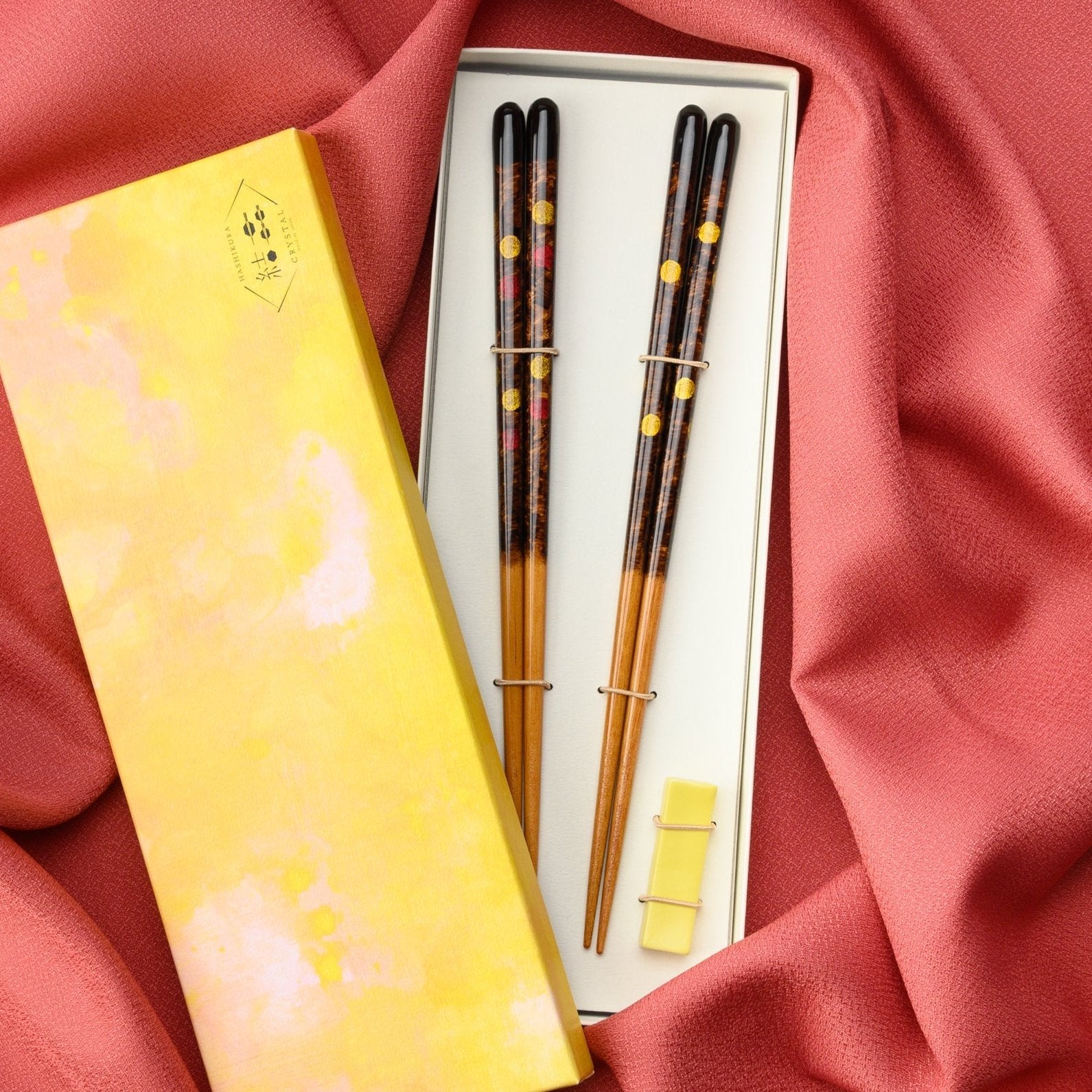 Matsukan Crystal Gold and Pink Moon Wakasa Lacquerware Chopsticks Set 22.5 cm (8.9 in) with Chopstick Rests (Set of Two) - MUSUBI KILN - Quality Japanese Tableware and Gift