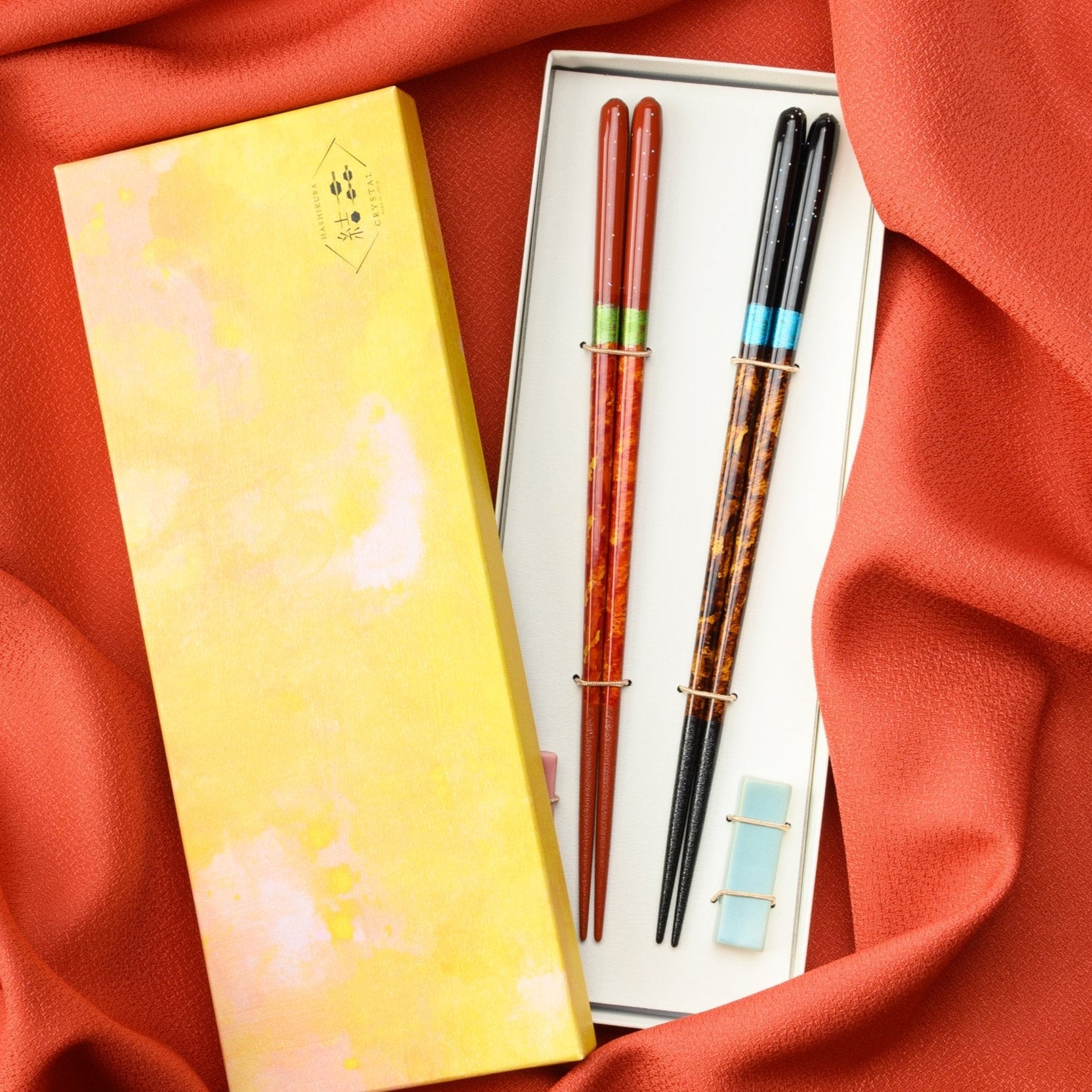 Matsukan Crystal Yozora Wakasa Lacquerware Chopsticks Set 22.5 cm (8.9 in) with Chopstick Rests (Set of Two) - MUSUBI KILN - Quality Japanese Tableware and Gift