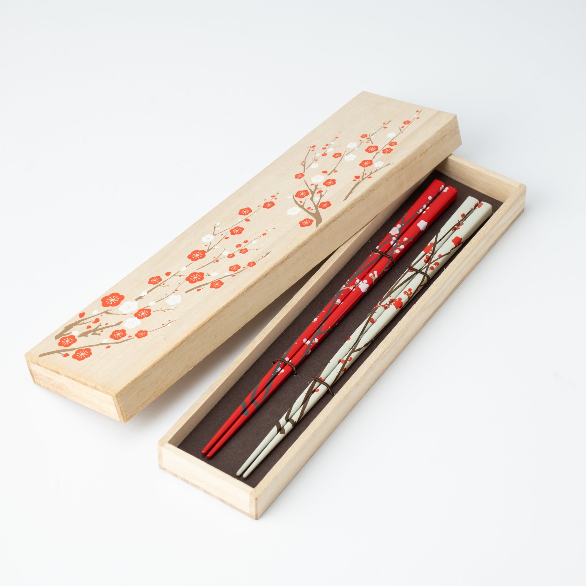 Matsukan Rimpa Red and White Plum Blossoms Wakasa Lacquerware Set of Two Pairs of Chopsticks 23 cm (9.1 in) - MUSUBI KILN - Quality Japanese Tableware and Gift