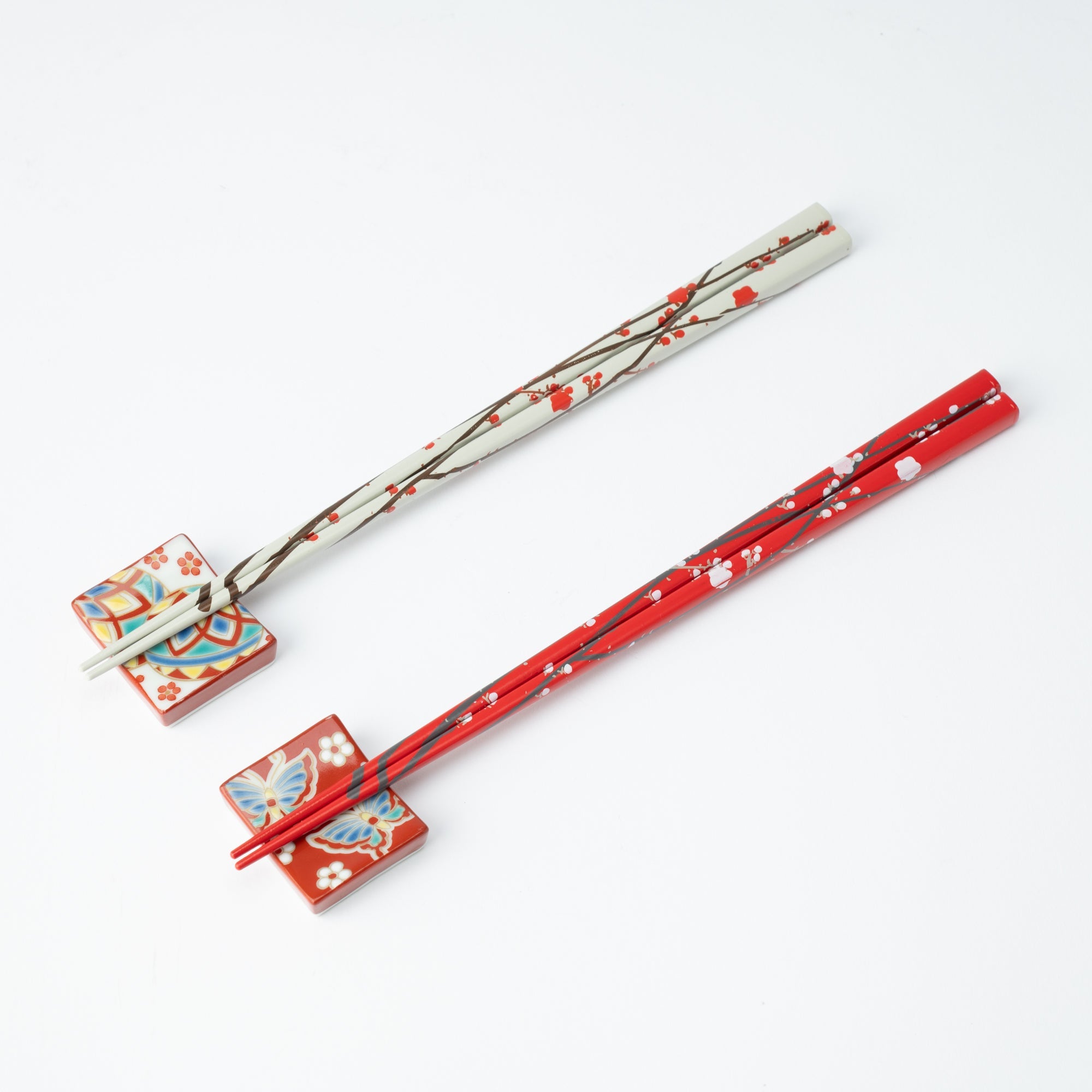 Matsukan Rimpa Red and White Plum Blossoms Wakasa Lacquerware Set of Two Pairs of Chopsticks 23 cm (9.1 in) - MUSUBI KILN - Quality Japanese Tableware and Gift