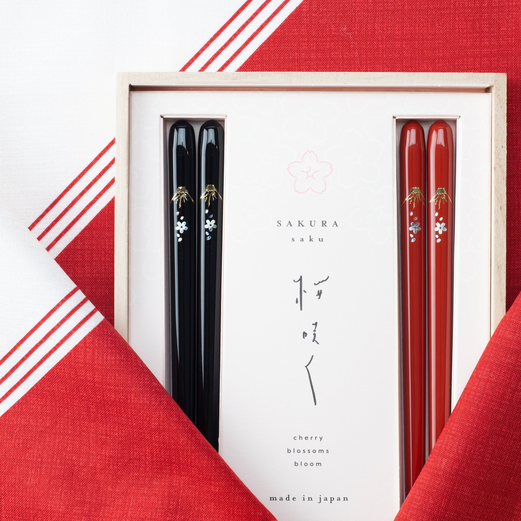 Matsukan Sakura Fuji Wakasa Lacquerware Set of Two Pairs of Chopsticks 23 cm (9.1 in) / 21.5 cm (8.5 in) with Chopstick Rests (Set of Two) - MUSUBI KILN - Quality Japanese Tableware and Gift