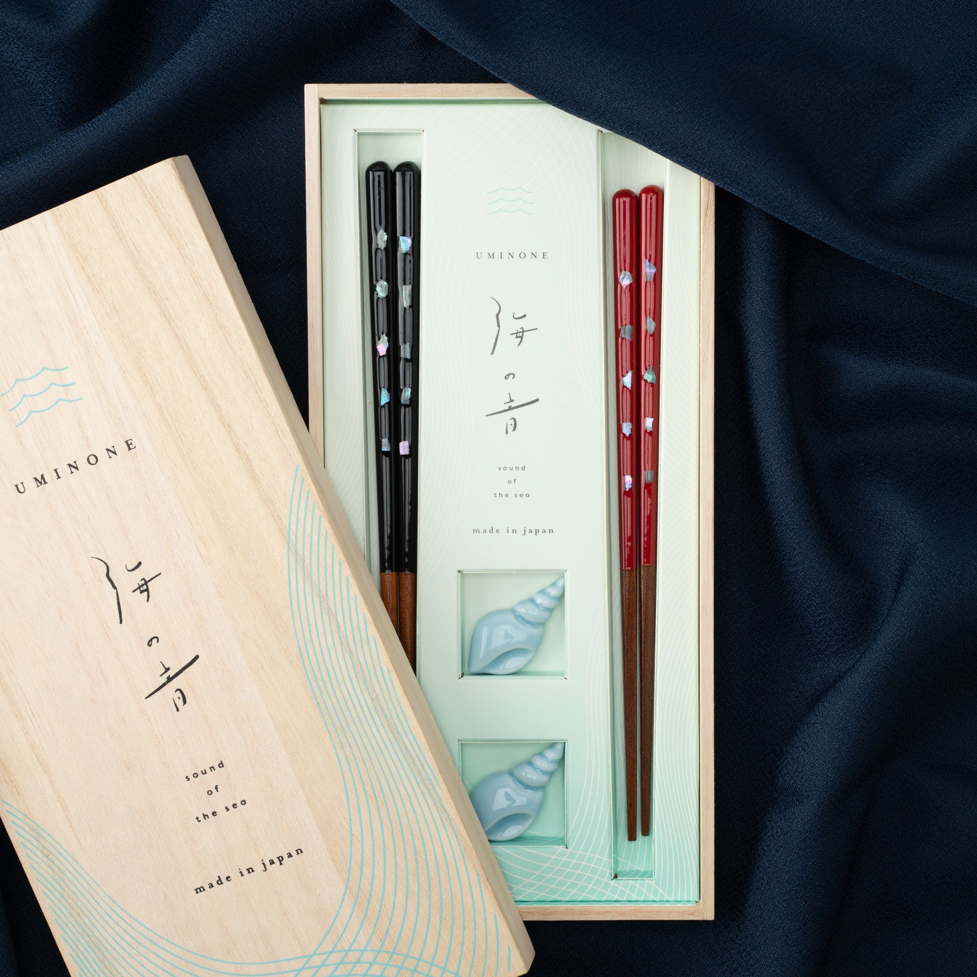 Matsukan Sound of the Sea Shell Inlay Half - Coated Wakasa Lacquerware Set of Two Pairs of Chopsticks 23 cm (9.1 in) / 21 cm (8.3 in) with Chopstick Rests (Set of Two) - MUSUBI KILN - Quality Japanese Tableware and Gift