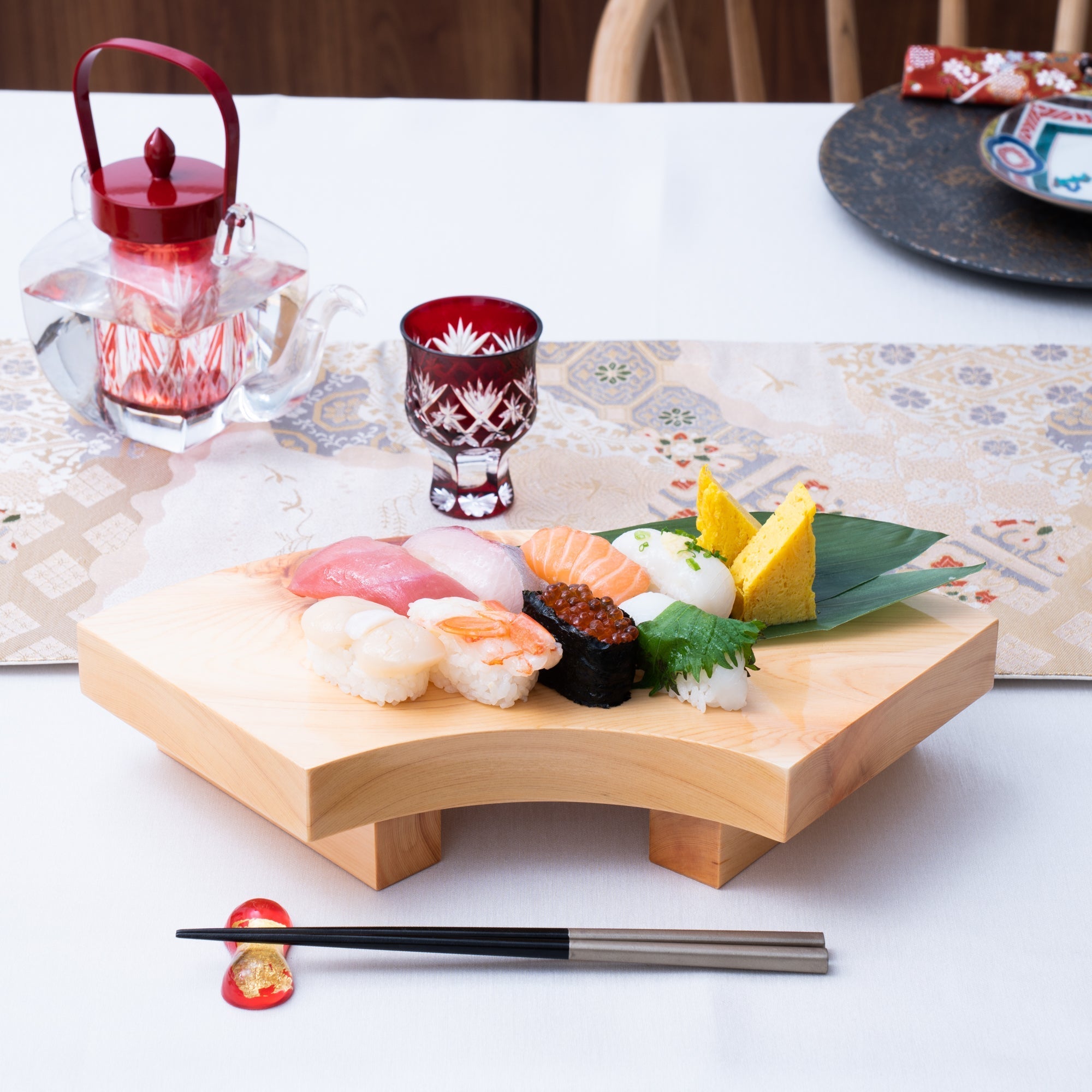 Miyabi Urushi Fan Shape Kiso Woodwork Sushi Plate 13.8in - MUSUBI KILN - Quality Japanese Tableware and Gift