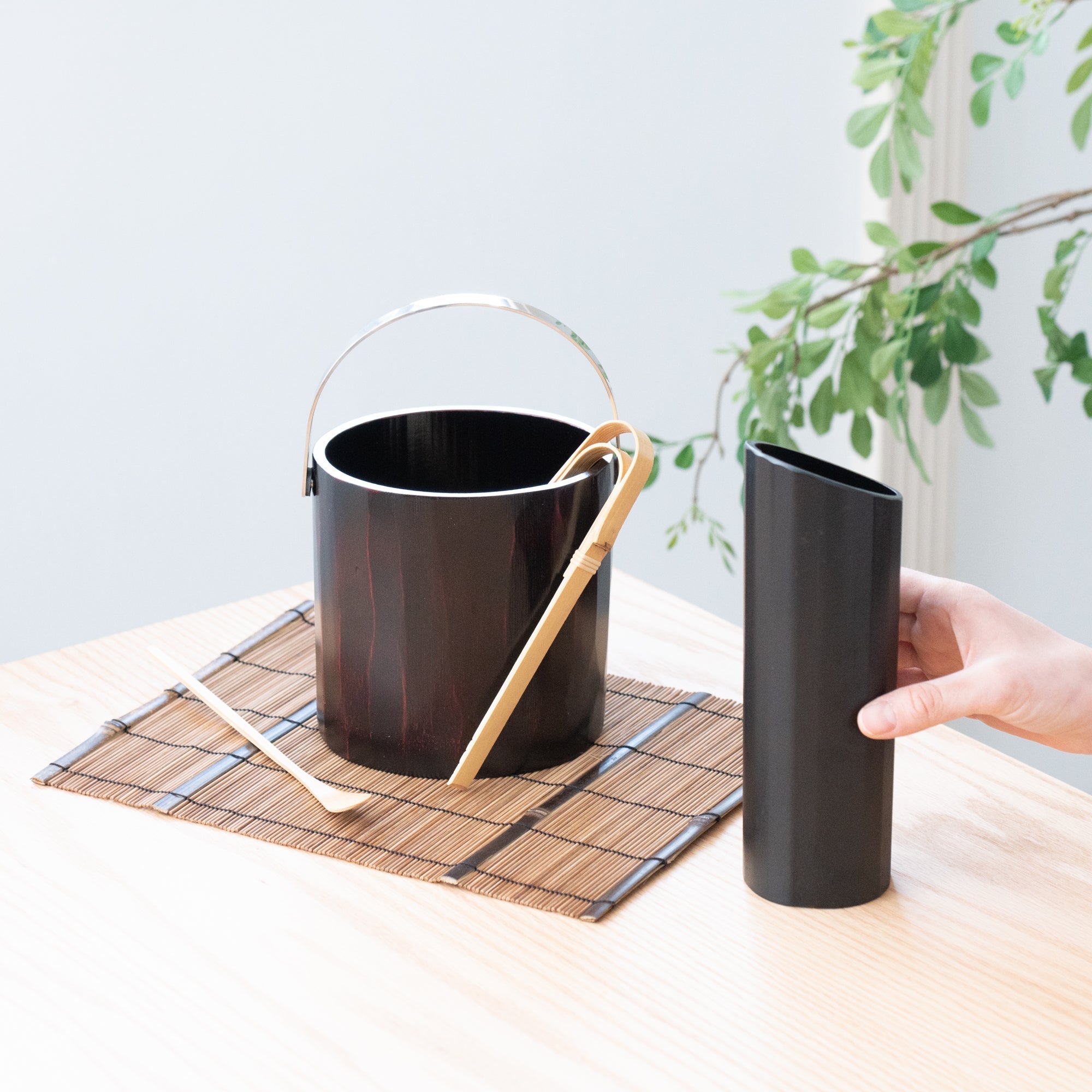 Miyabitake Japanese Bamboo Ice Bucket with Water Carafe, Placemat, Stir Stick and Tong Set - MUSUBI KILN - Quality Japanese Tableware and Gift