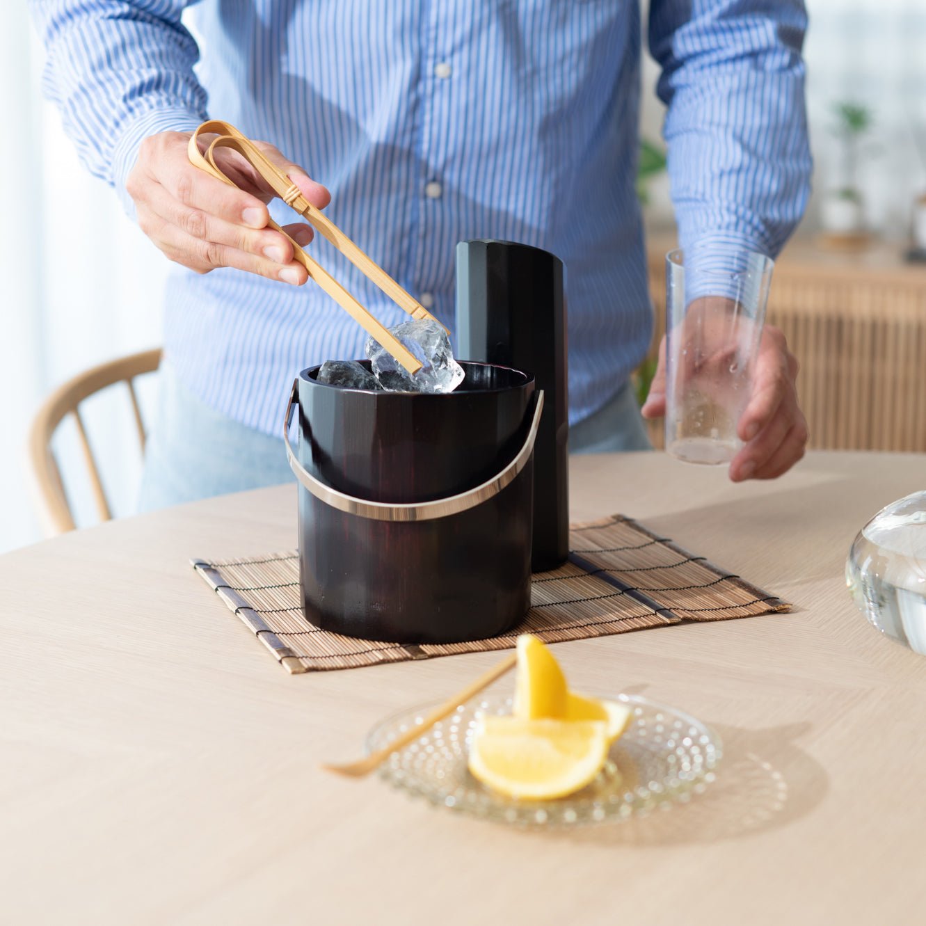 Miyabitake Japanese Bamboo Ice Bucket with Water Carafe, Placemat, Stir Stick and Tong Set - MUSUBI KILN - Quality Japanese Tableware and Gift