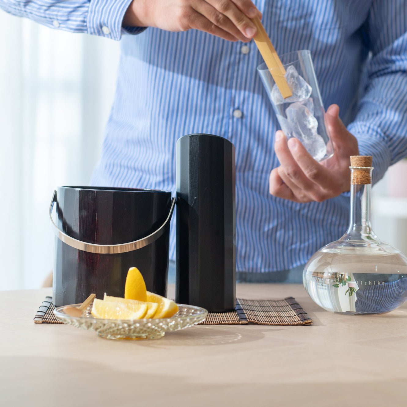 Miyabitake Japanese Bamboo Ice Bucket with Water Carafe, Placemat, Stir Stick and Tong Set - MUSUBI KILN - Quality Japanese Tableware and Gift