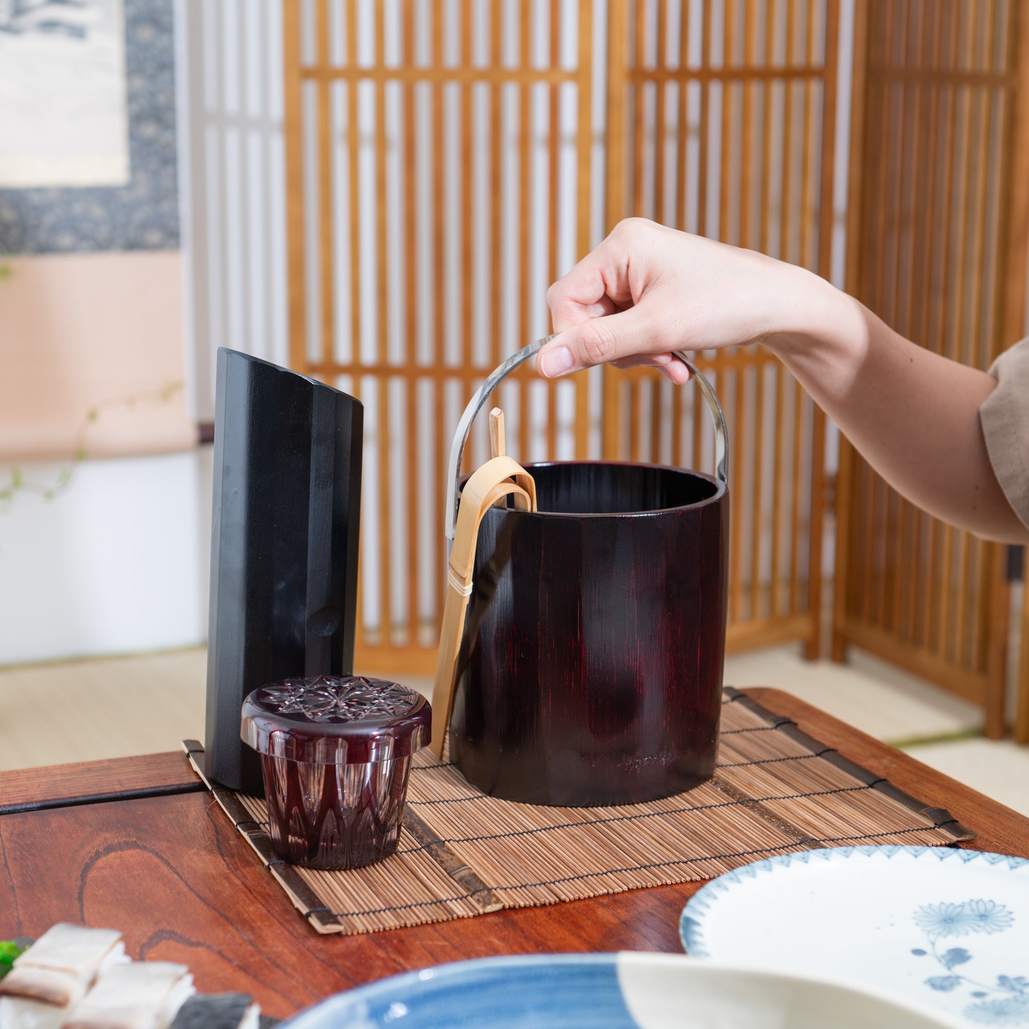 Miyabitake Japanese Bamboo Ice Bucket with Water Carafe, Placemat, Stir Stick and Tong Set - MUSUBI KILN - Quality Japanese Tableware and Gift