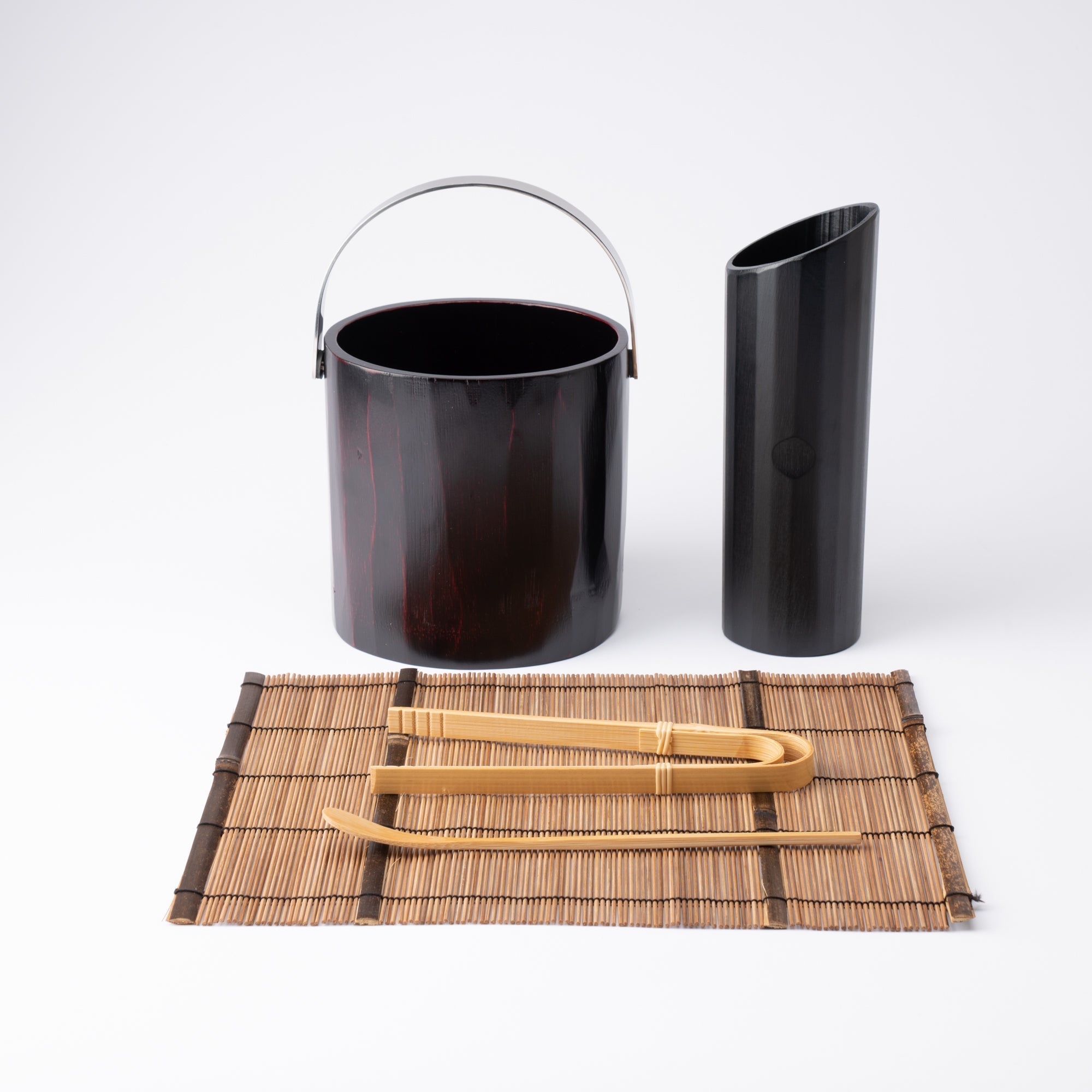 Miyabitake Japanese Bamboo Ice Bucket with Water Carafe, Placemat, Stir Stick and Tong Set - MUSUBI KILN - Quality Japanese Tableware and Gift