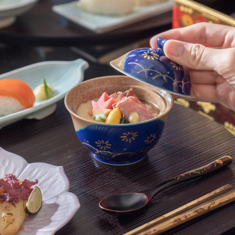 Musubi Mono Blue Glaze Gold Chrysanthemum Arita Chawanmushi Bowl - MUSUBI KILN - Quality Japanese Tableware and Gift