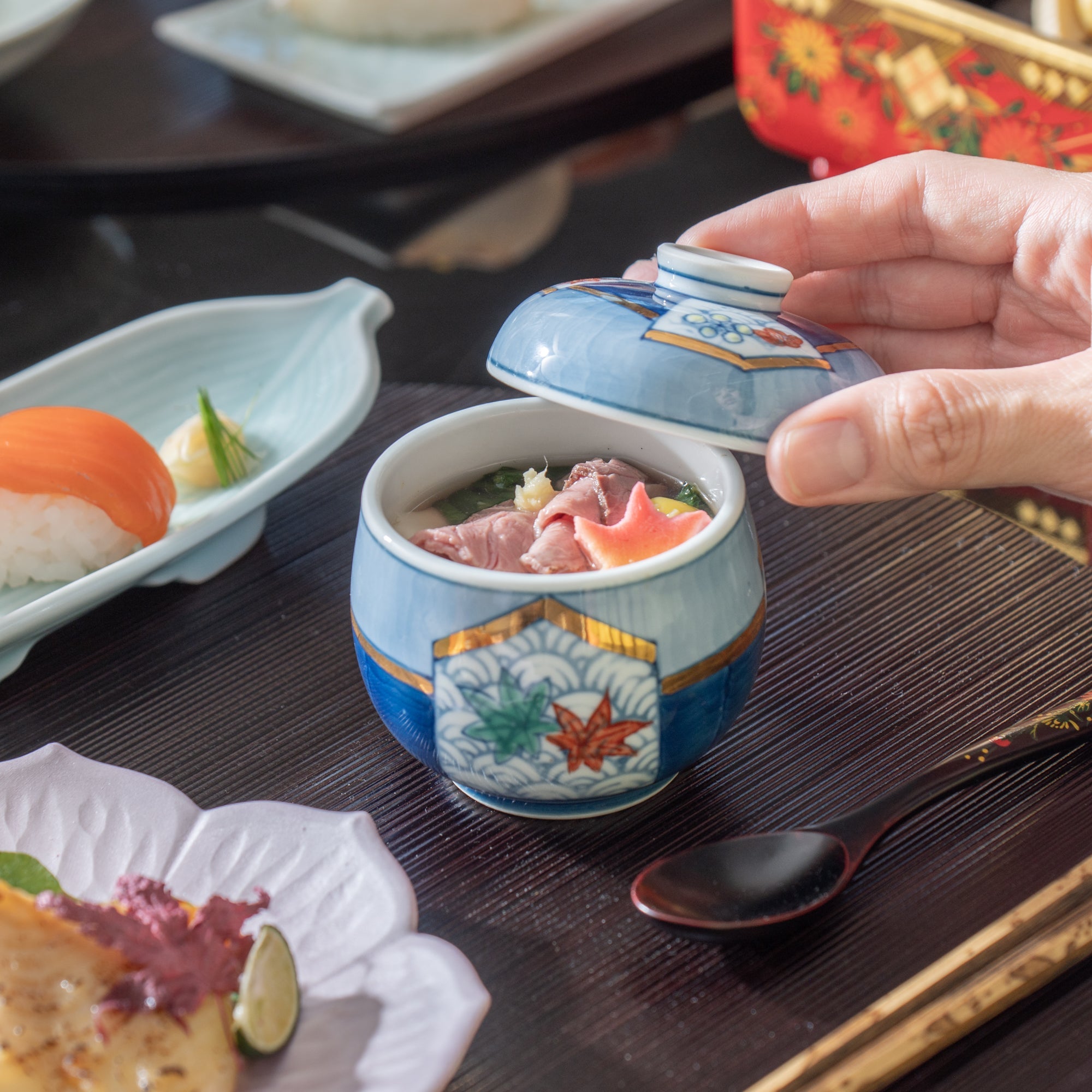 Musubi Mono Wave Motif with Pine and Plum Blossom Arita Chawanmushi Bowl - MUSUBI KILN - Quality Japanese Tableware and Gift