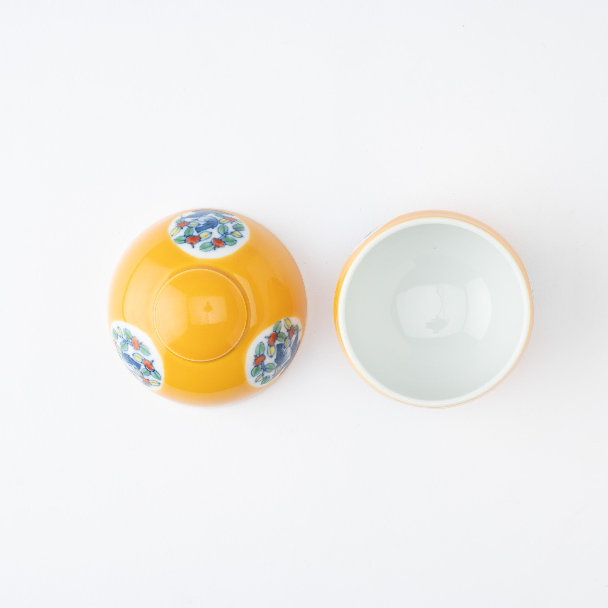 Musubi Mono Yellow Glaze Bird and Flower Motif Arita Chawanmushi Bowl - MUSUBI KILN - Quality Japanese Tableware and Gift