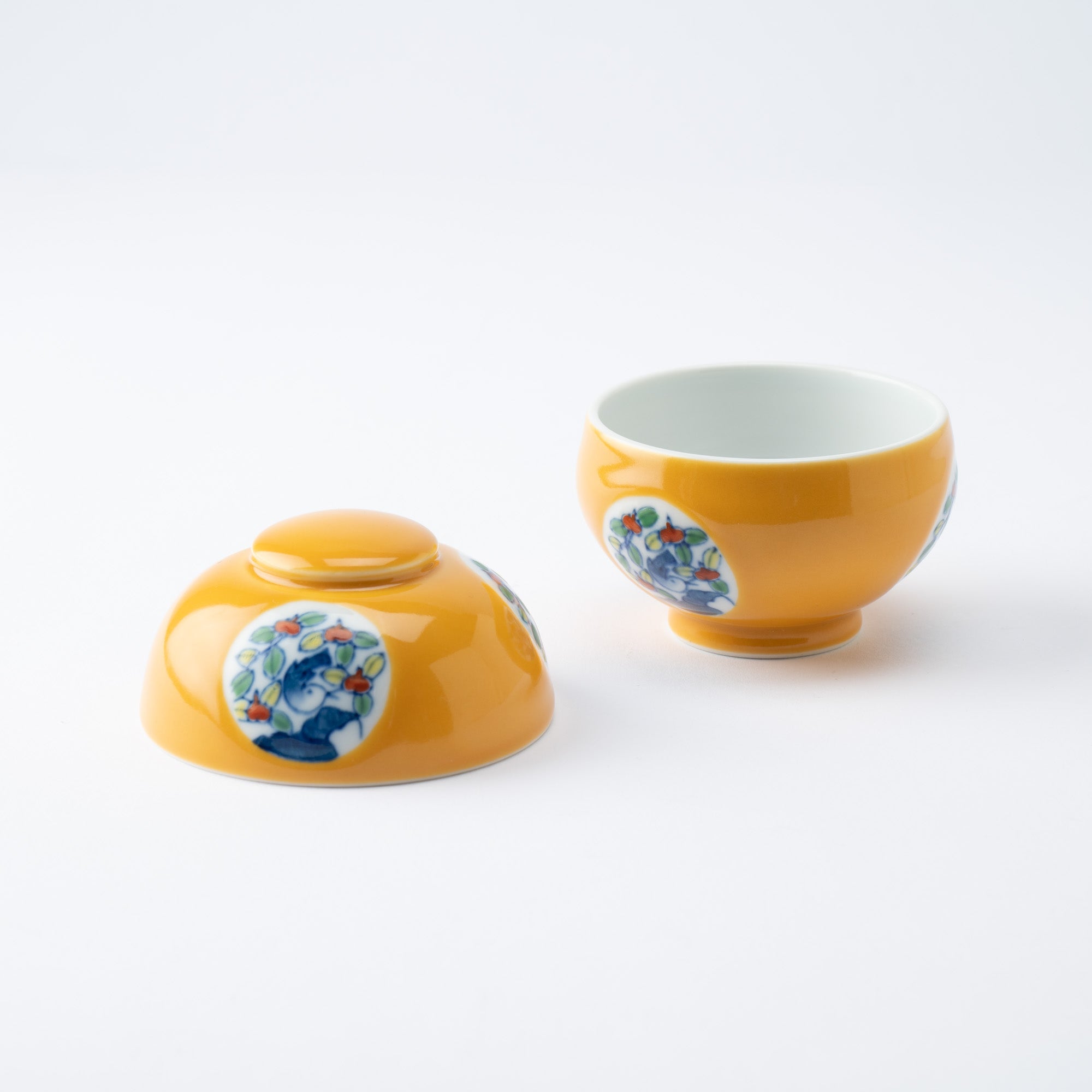 Musubi Mono Yellow Glaze Bird and Flower Motif Arita Chawanmushi Bowl - MUSUBI KILN - Quality Japanese Tableware and Gift