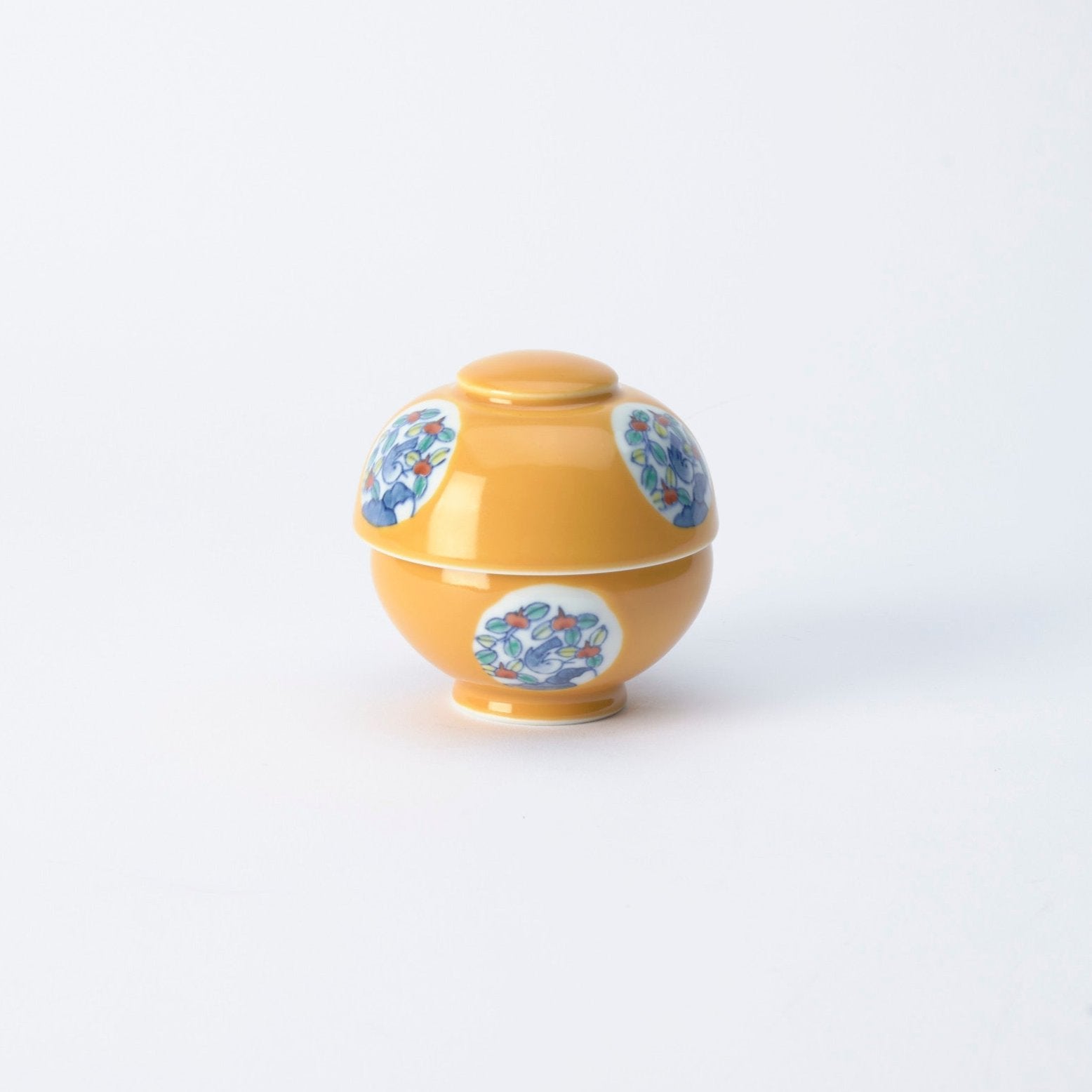 Musubi Mono Yellow Glaze Bird and Flower Motif Arita Chawanmushi Bowl - MUSUBI KILN - Quality Japanese Tableware and Gift