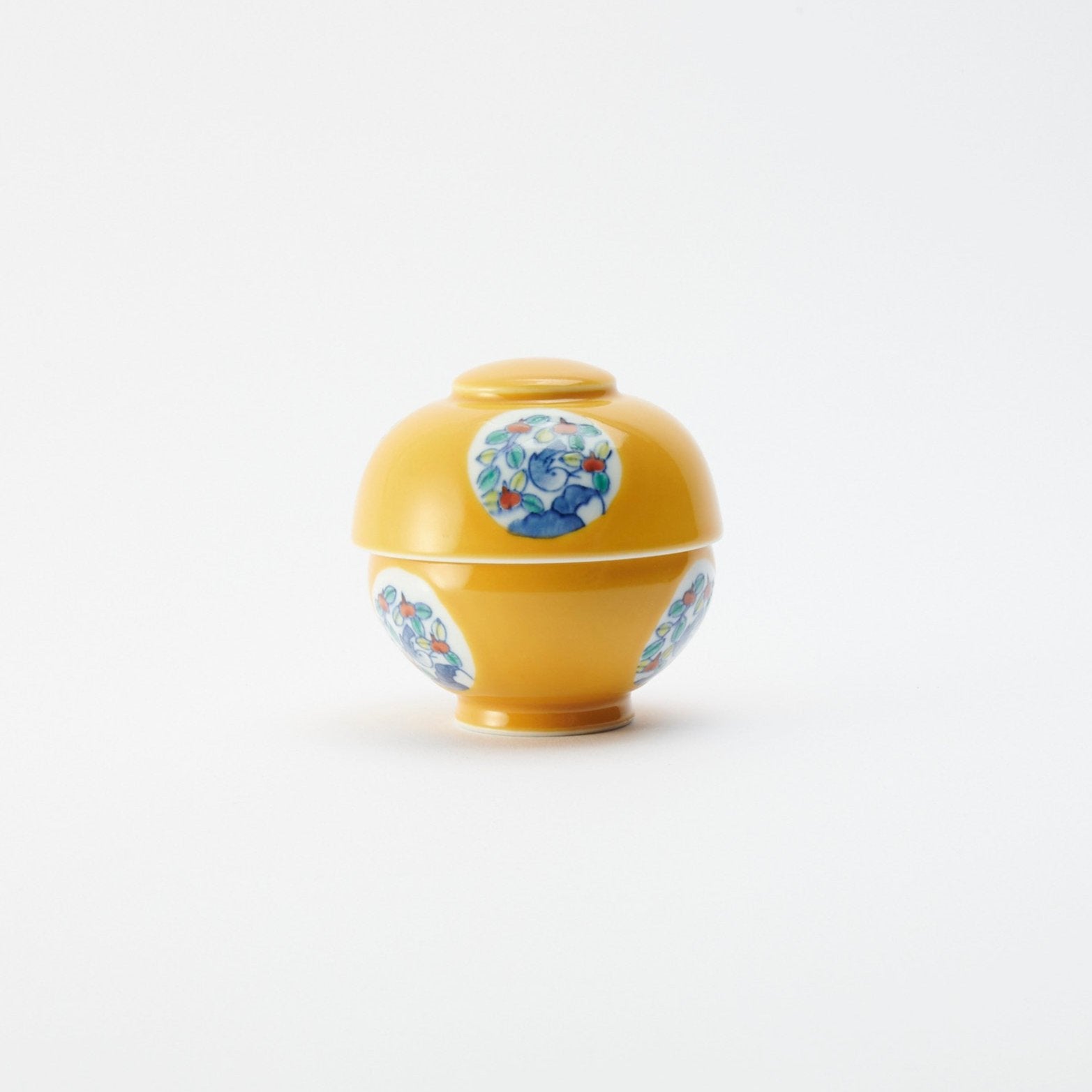 Musubi Mono Yellow Glaze Bird and Flower Motif Arita Chawanmushi Bowl - MUSUBI KILN - Quality Japanese Tableware and Gift