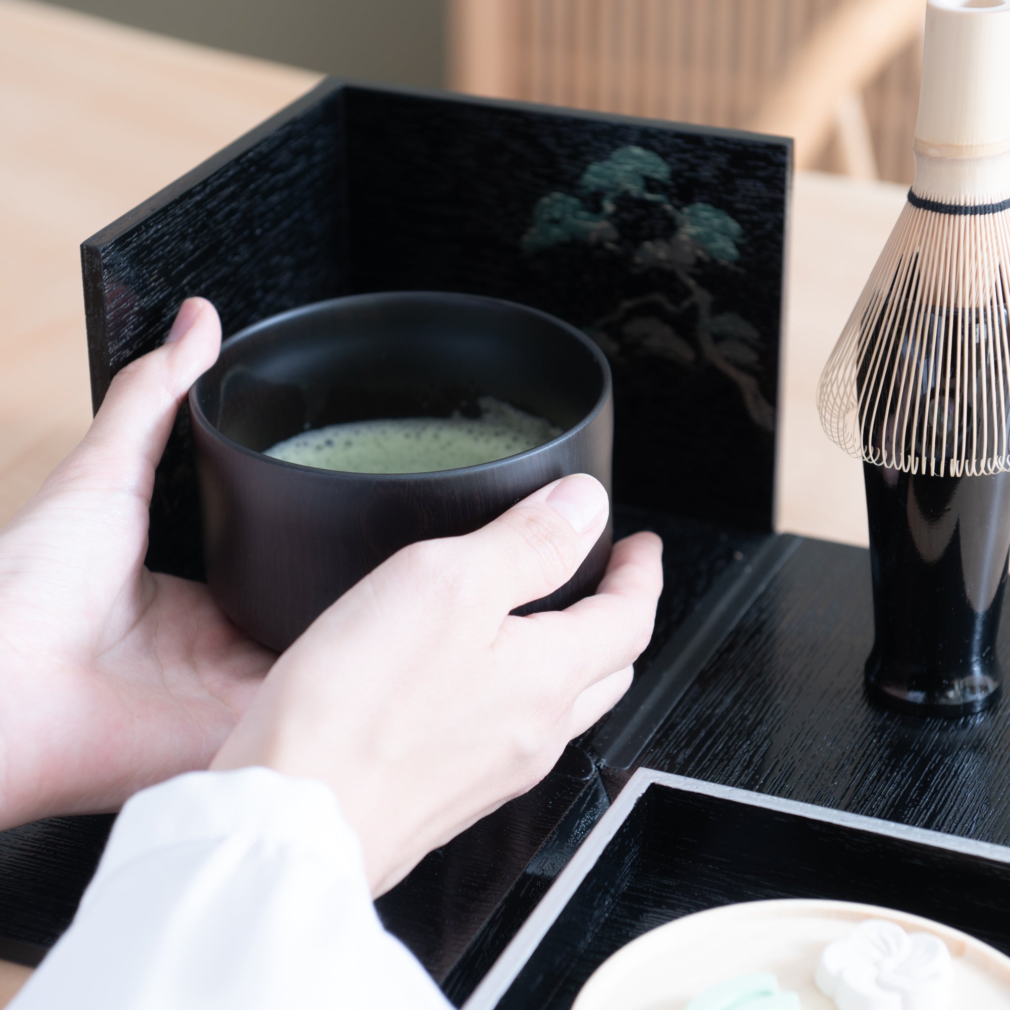 Nishimoto Ippuku Black Pine Yamanaka Lacquerware Matcha Tea Set - MUSUBI KILN - Quality Japanese Tableware and Gift