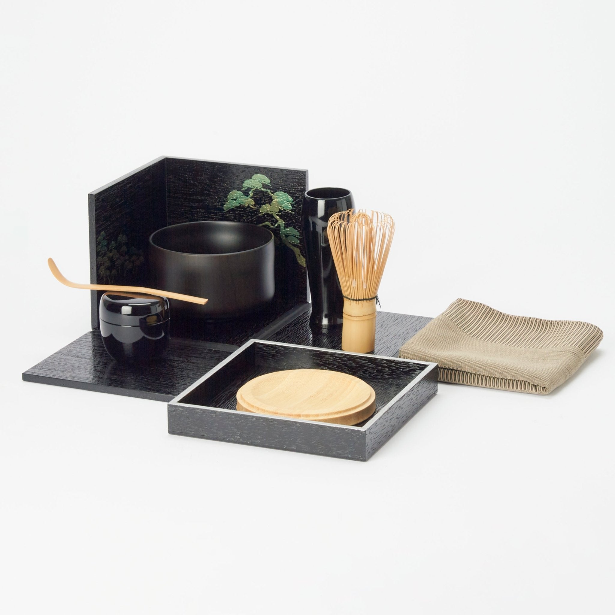 Nishimoto Ippuku Black Pine Yamanaka Lacquerware Matcha Tea Set - MUSUBI KILN - Quality Japanese Tableware and Gift