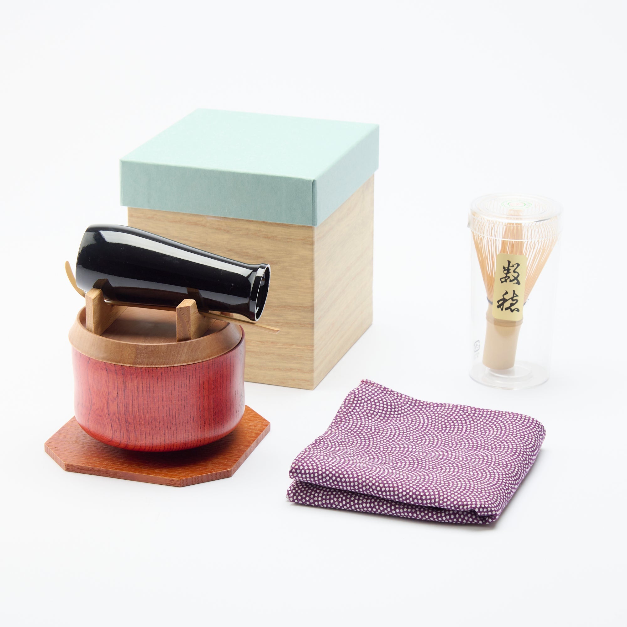 Nishimoto Ippuku Yamanaka Lacquerware Matcha Tea Set with Purple Furoshiki - MUSUBI KILN - Quality Japanese Tableware and Gift