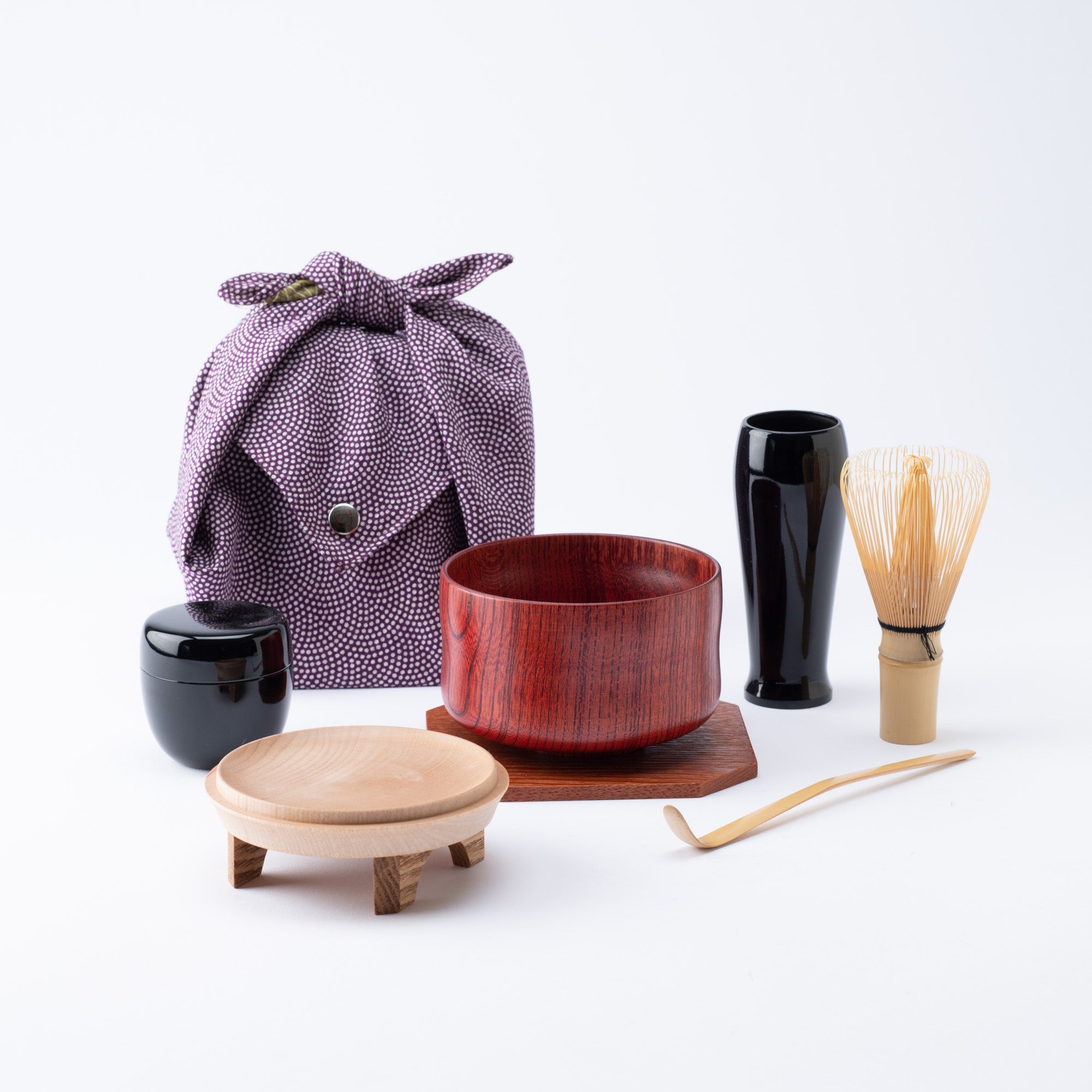 Nishimoto Ippuku Yamanaka Lacquerware Matcha Tea Set with Purple Furoshiki - MUSUBI KILN - Quality Japanese Tableware and Gift