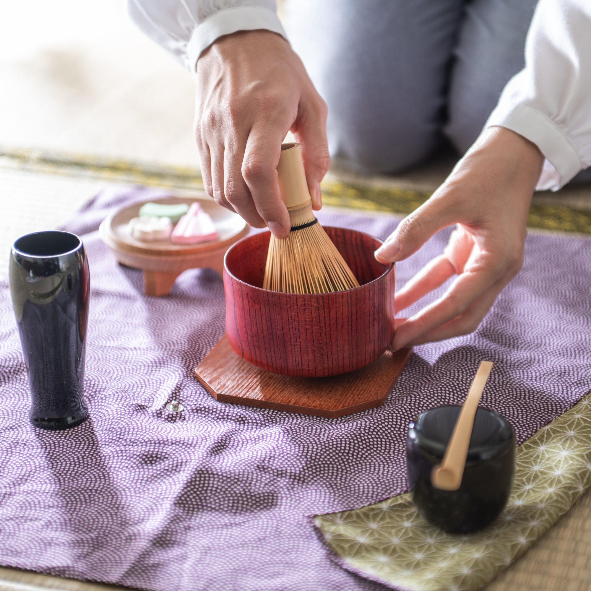 Nishimoto Ippuku Yamanaka Lacquerware Matcha Tea Set with Purple Furoshiki - MUSUBI KILN - Quality Japanese Tableware and Gift