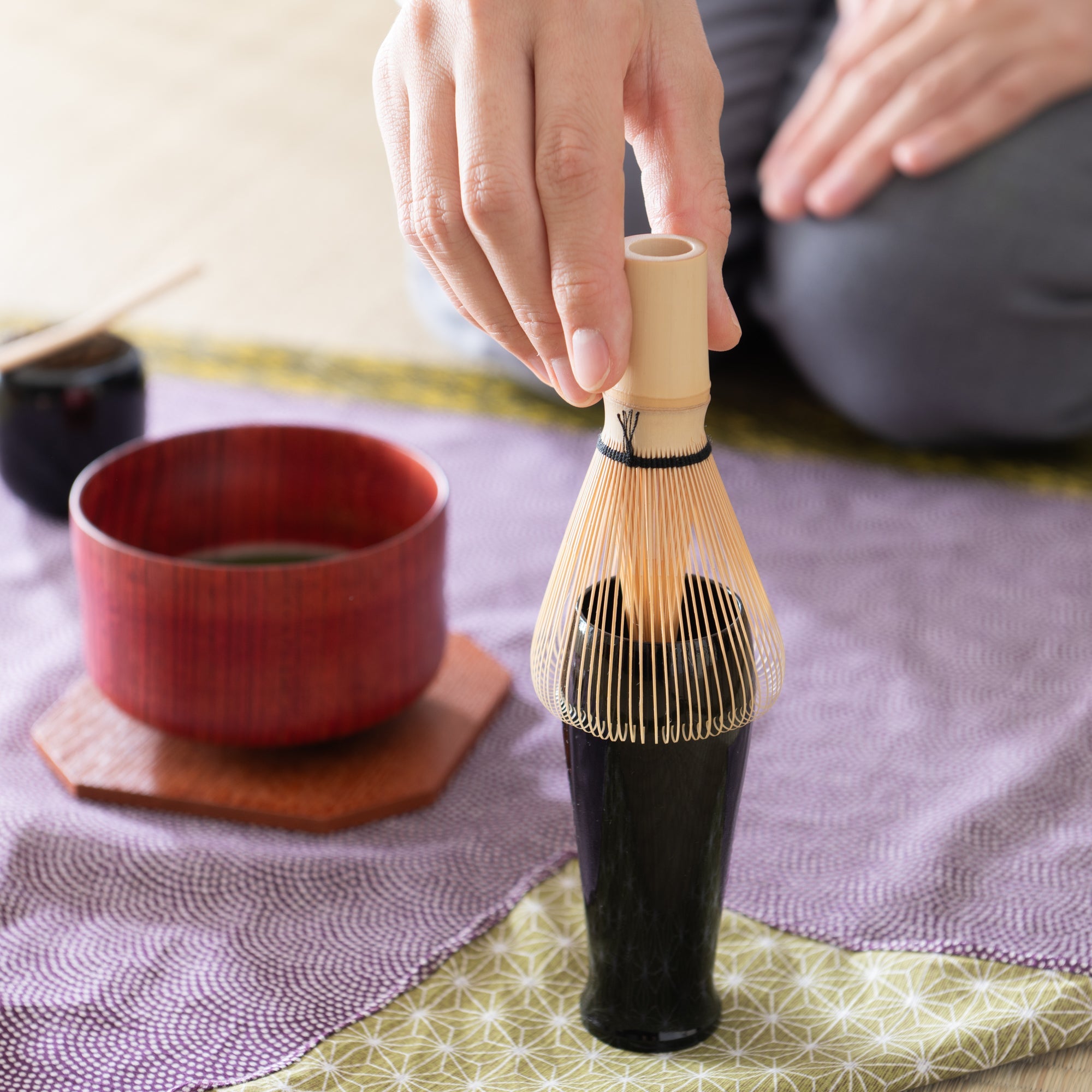 Nishimoto Ippuku Yamanaka Lacquerware Matcha Tea Set with Purple Furoshiki - MUSUBI KILN - Quality Japanese Tableware and Gift