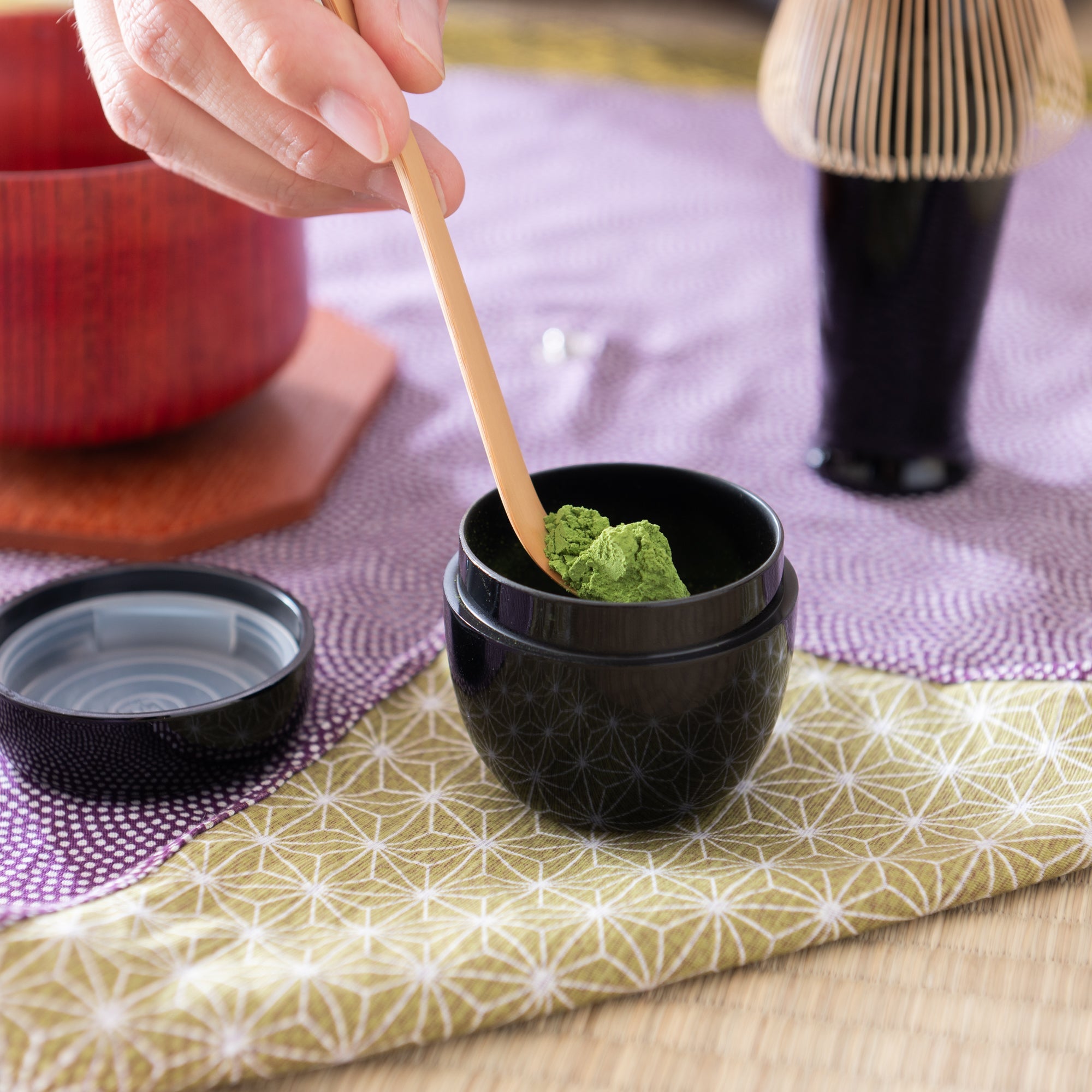 Nishimoto Ippuku Yamanaka Lacquerware Matcha Tea Set with Purple Furoshiki - MUSUBI KILN - Quality Japanese Tableware and Gift