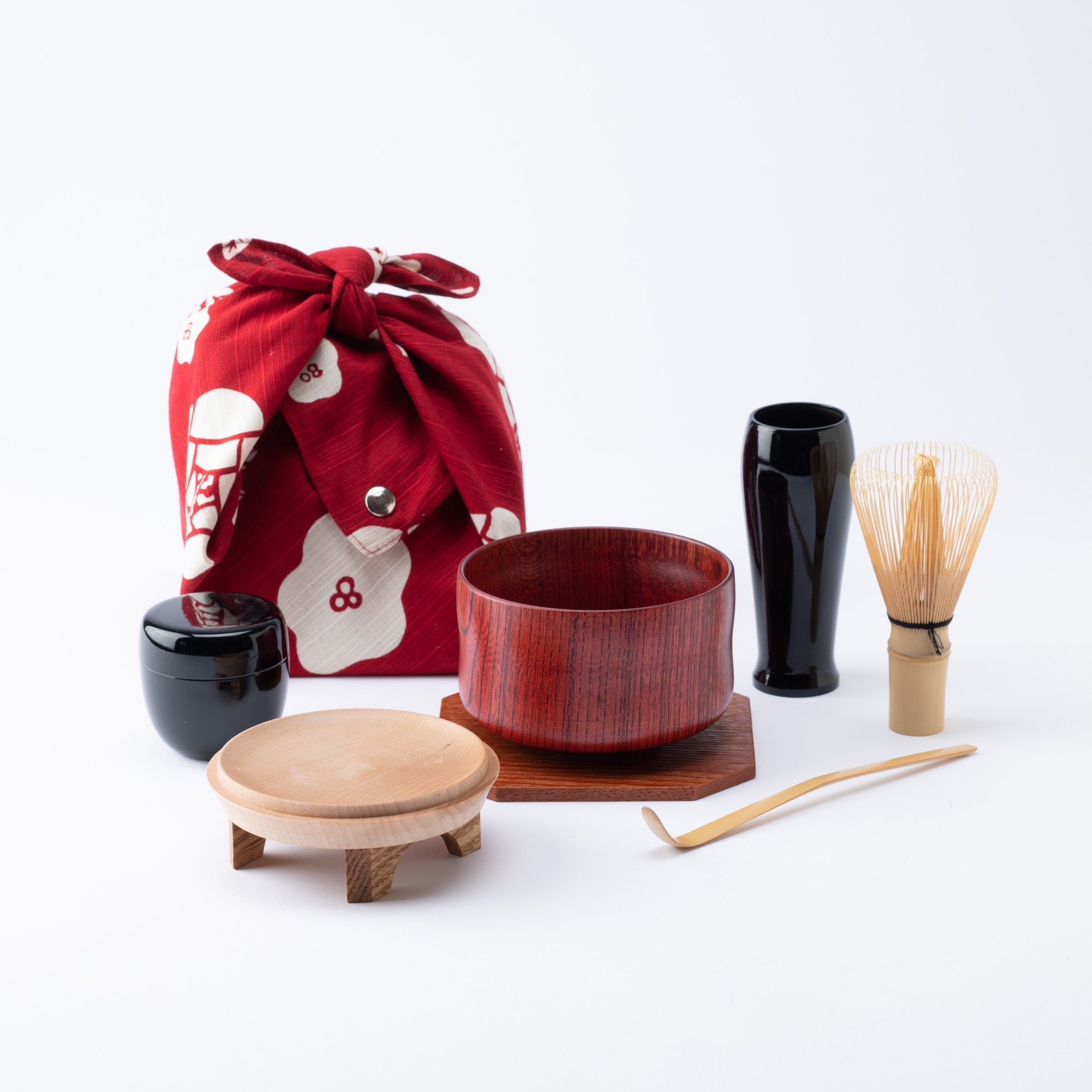 Nishimoto Ippuku Yamanaka Lacquerware Matcha Tea Set with Rose Furoshiki - MUSUBI KILN - Quality Japanese Tableware and Gift