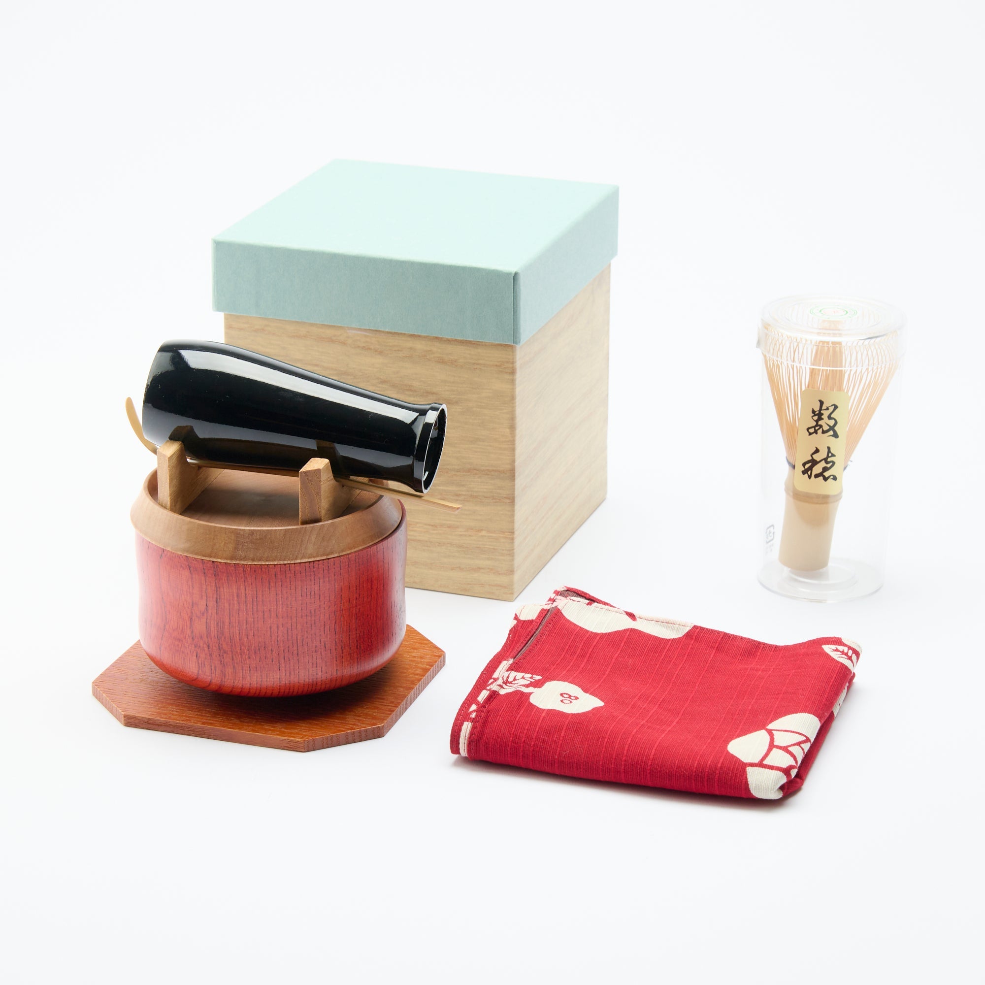 Nishimoto Ippuku Yamanaka Lacquerware Matcha Tea Set with Rose Furoshiki - MUSUBI KILN - Quality Japanese Tableware and Gift