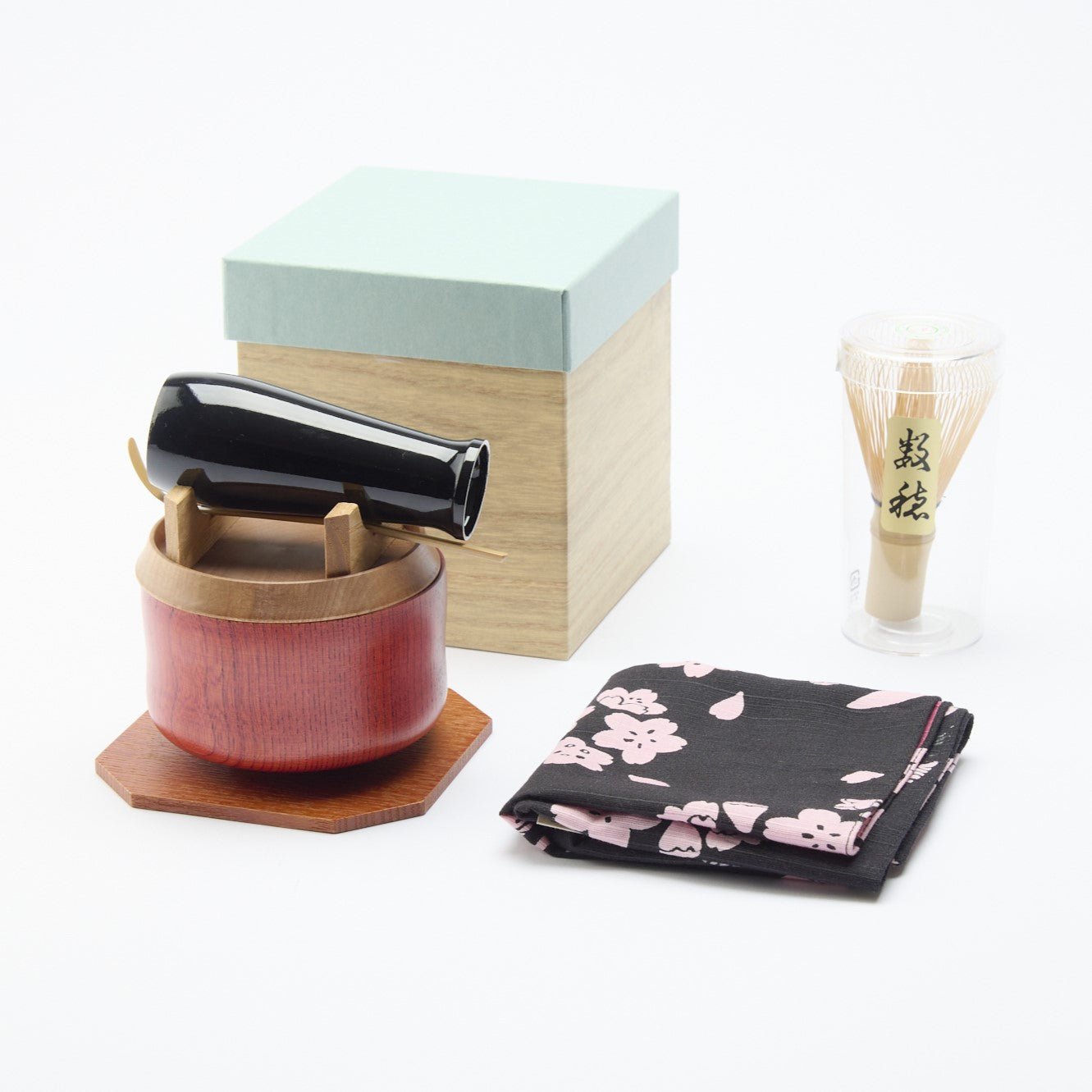 Nishimoto Ippuku Yamanaka Lacquerware Matcha Tea Set with Sakura Furoshiki - MUSUBI KILN - Quality Japanese Tableware and Gift