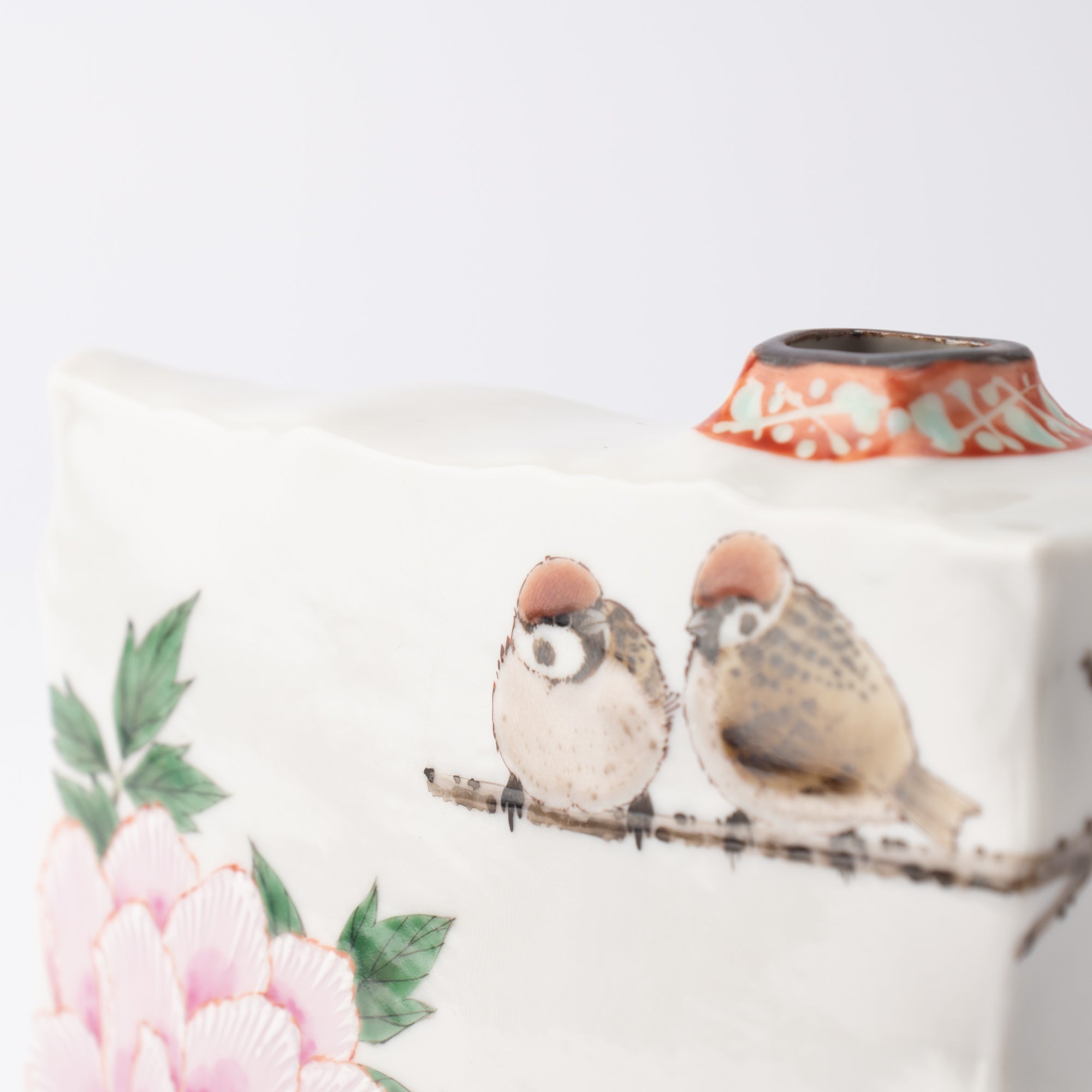 Peony and Twin Sparrows Kutani Japanese Flower Vase - MUSUBI KILN - Quality Japanese Tableware and Gift