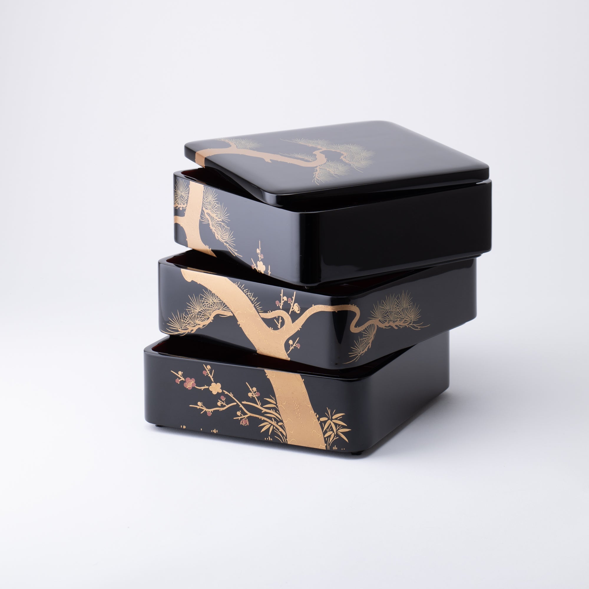 Pine Bamboo and Plum Echizen Lacquerware Three Tiers Jubako Bento Box - MUSUBI KILN - Quality Japanese Tableware and Gift