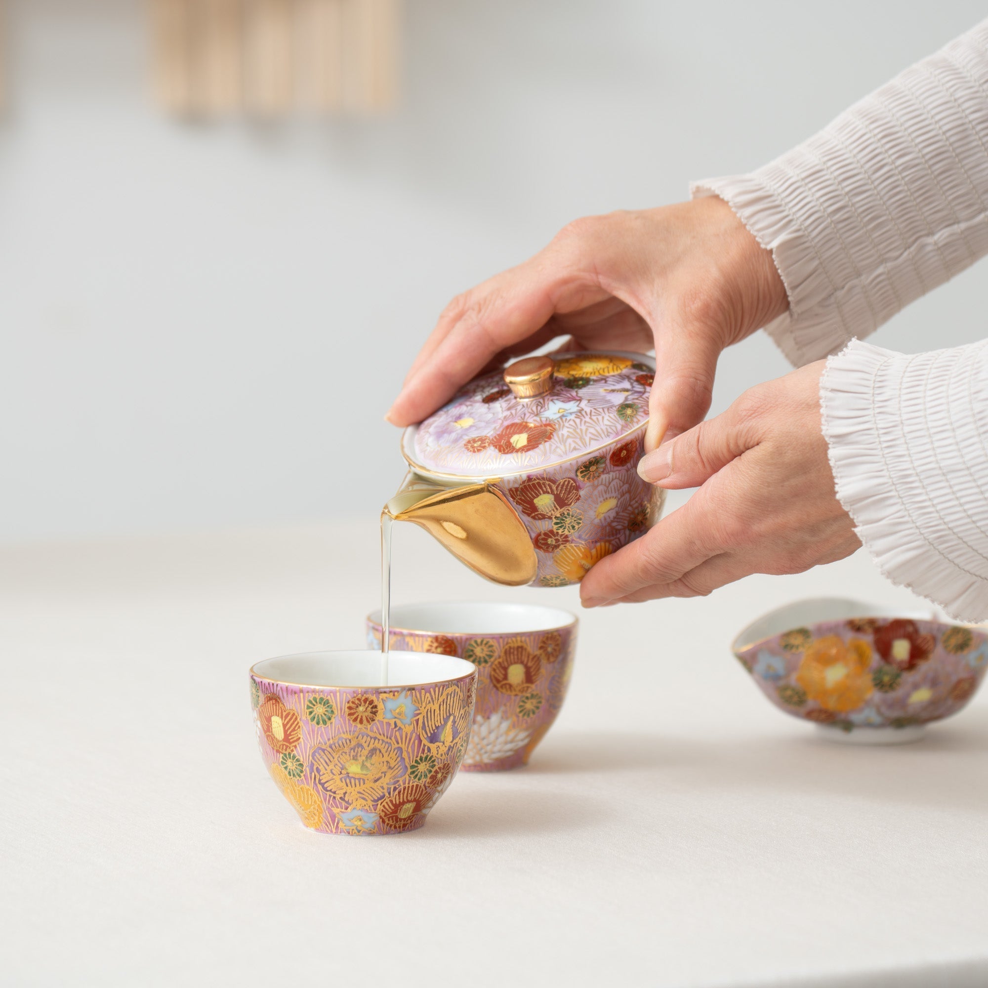 Pink Hanazume Kutani Houhin Japanese Teapot Set with 2 Teacups - MUSUBI KILN - Quality Japanese Tableware and Gift