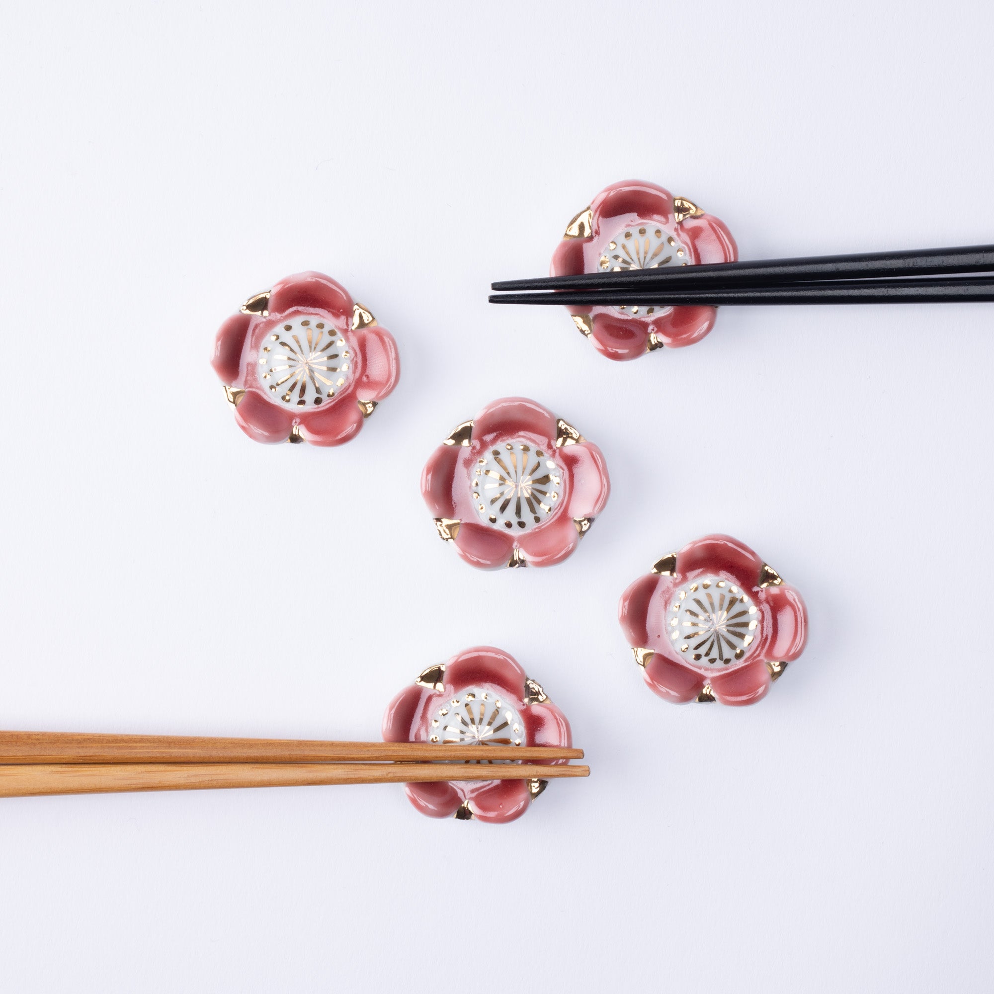 Pink Plum Blossom Kyo Ware Chopstick Rest Set - MUSUBI KILN - Quality Japanese Tableware and Gift